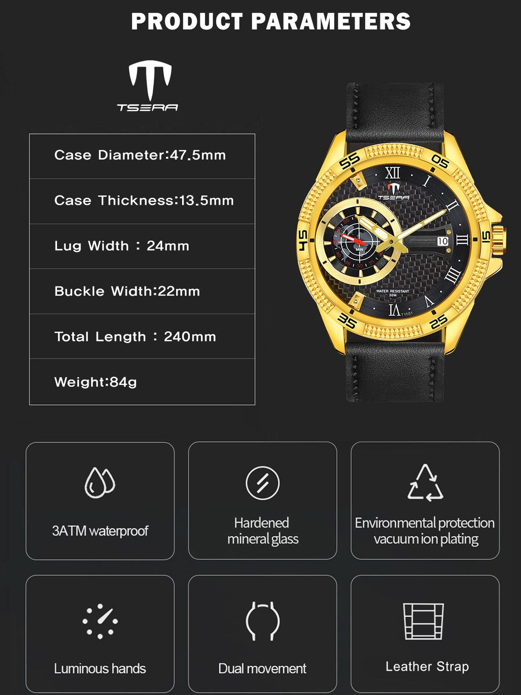 TSERA T1001L-G-B-B Multifunction 3ATM Water Resistant Analog Watch - For Men