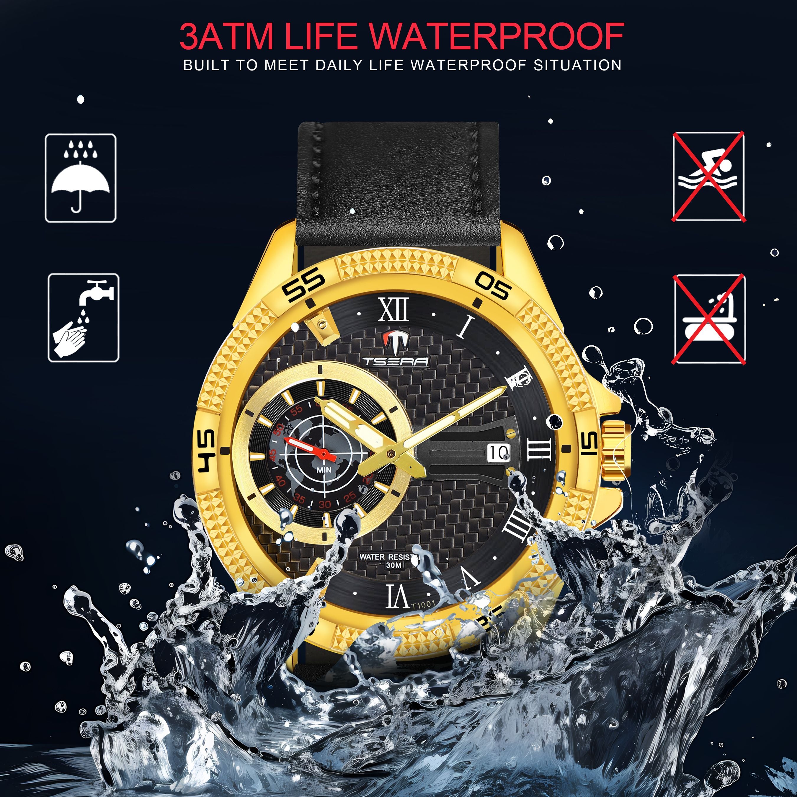 TSERA T1001L-G-B-B Multifunction 3ATM Water Resistant Analog Watch - For Men