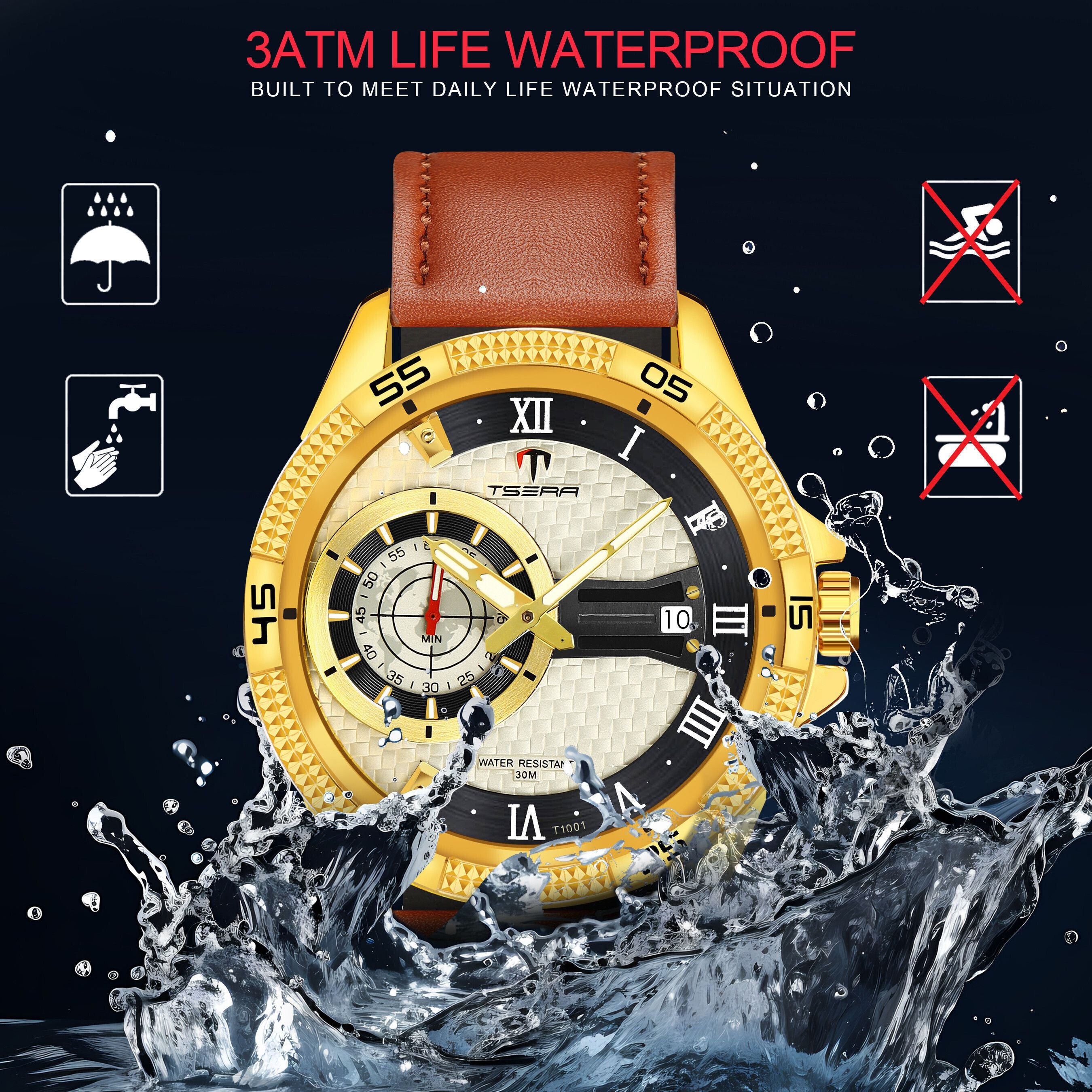 TSERA T1001L-G-S-BN Multifunction 3ATM Water Resistant Analog Watch - For Men