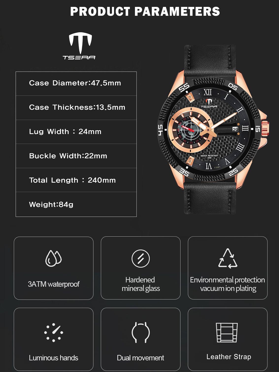 TSERA T1001L-RG-B-BMultifunction 3ATM Water Resistant Analog Watch - For Men