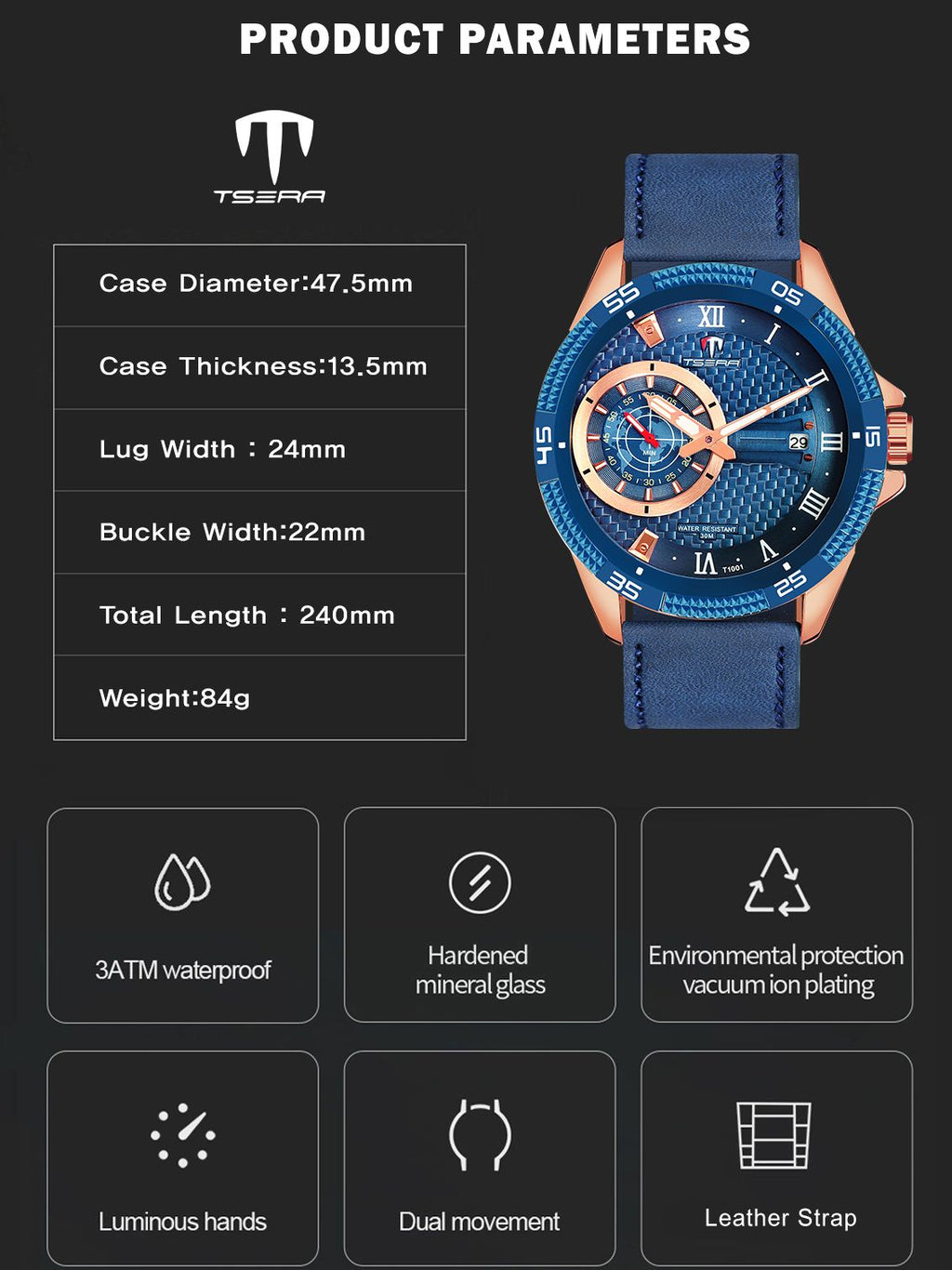 TSERA T1001L-RG-BL-BL Multifunction 3ATM Water Resistant Analog Watch - For Men