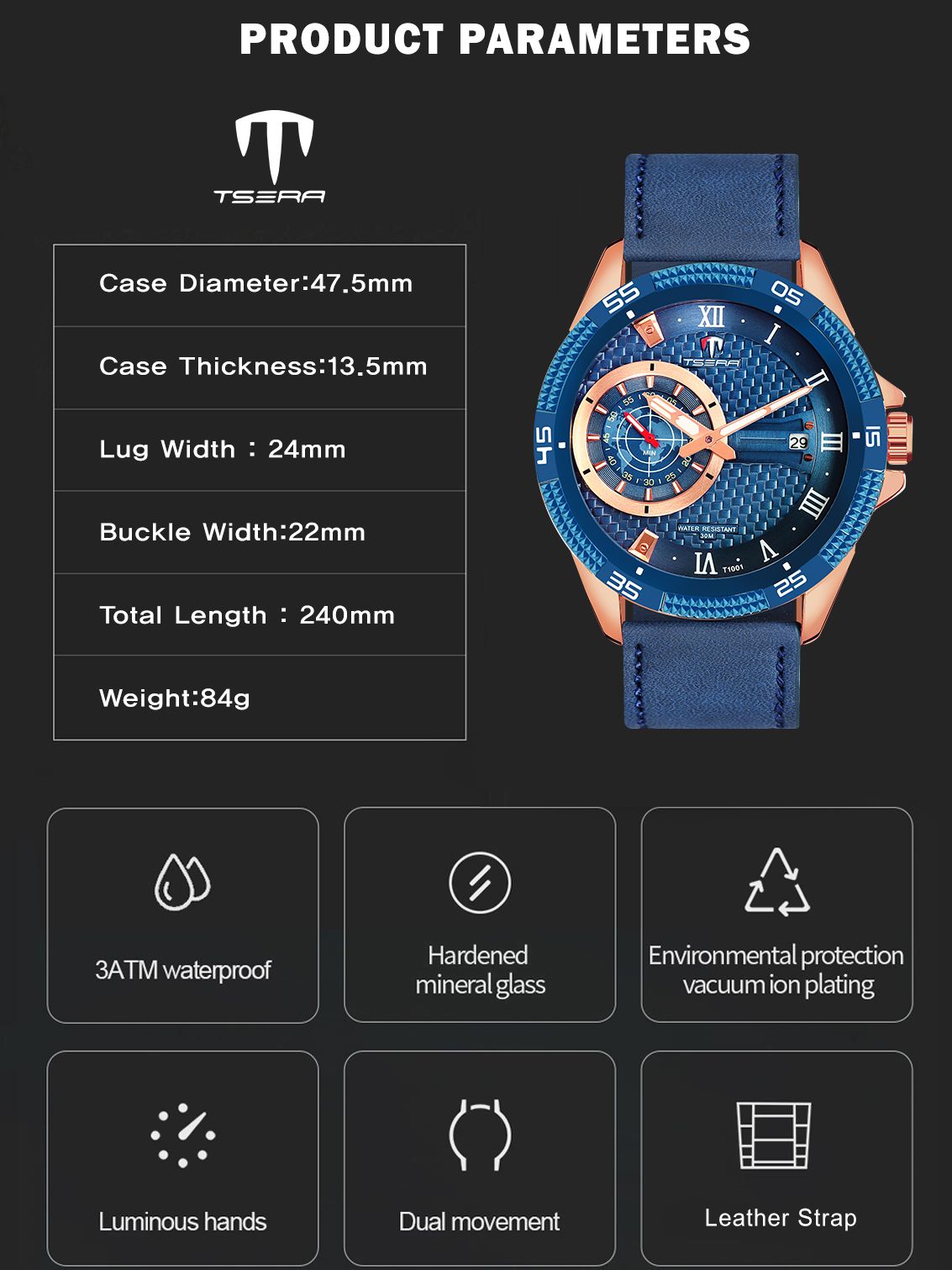 TSERA T1001L-RG-BL-BL Multifunction 3ATM Water Resistant Analog Watch - For Men