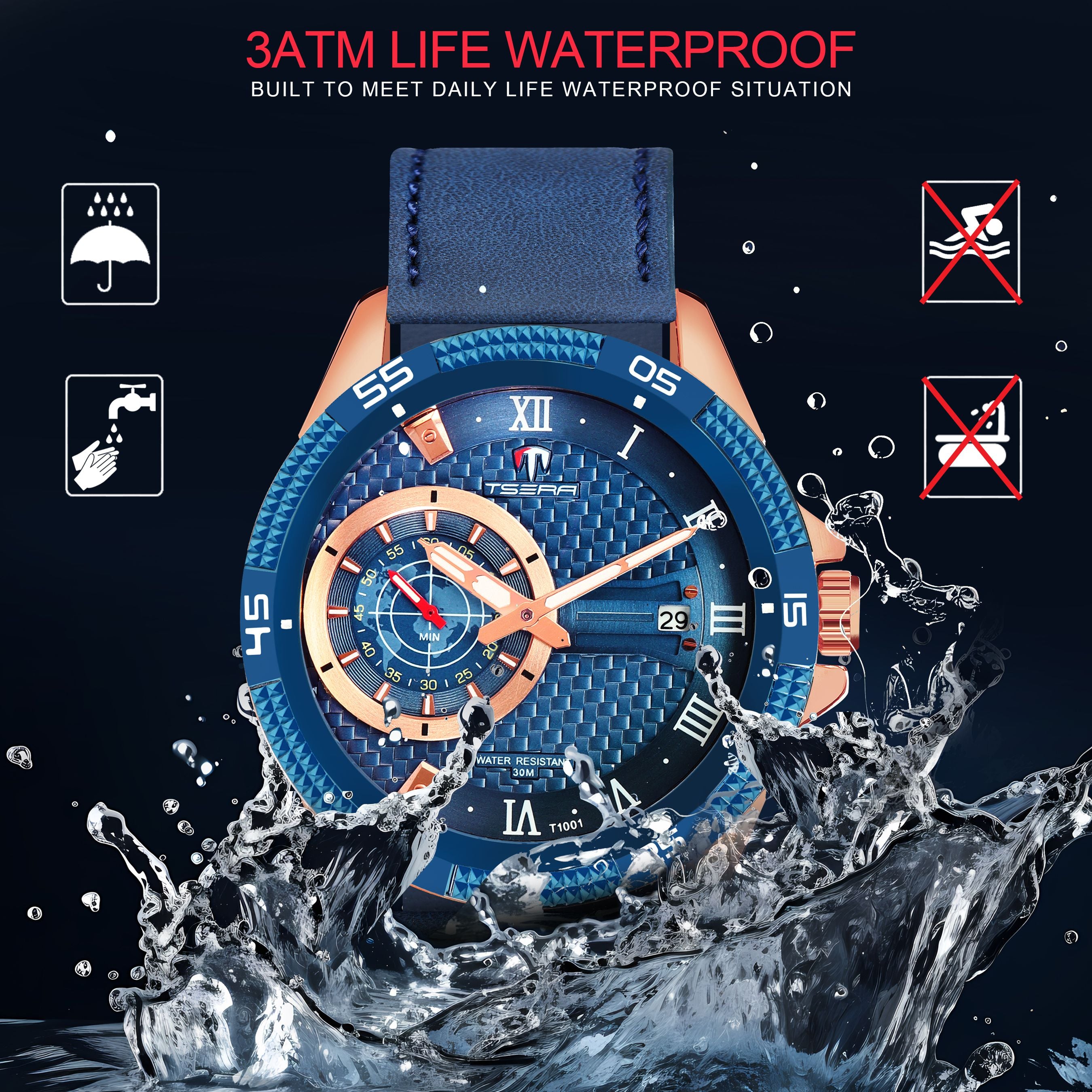 TSERA T1001L-RG-BL-BL Multifunction 3ATM Water Resistant Analog Watch - For Men