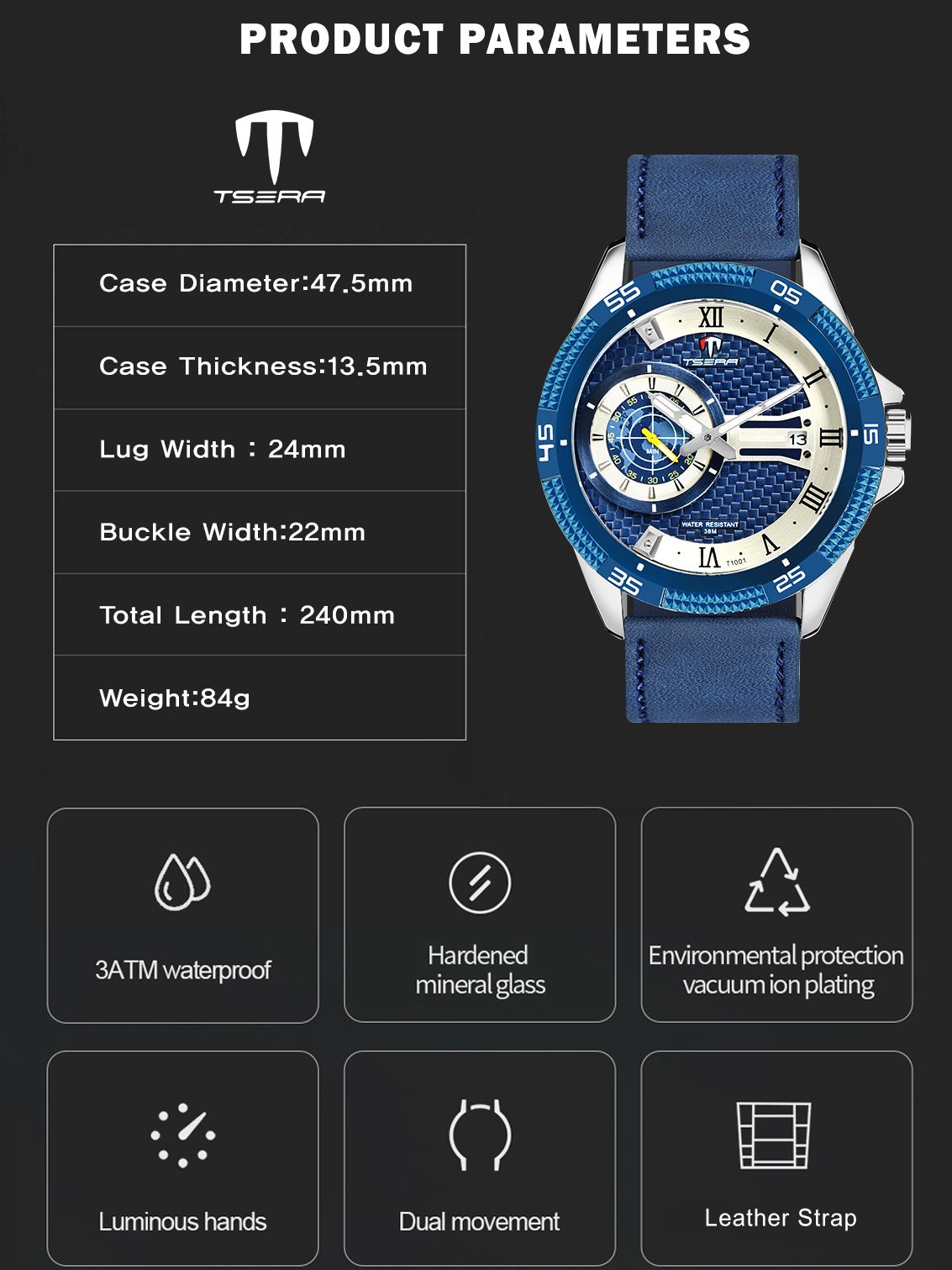 TSERA T1001L-S-BL-BL Multifunction 3ATM Water Resistant Analog Watch - For Men