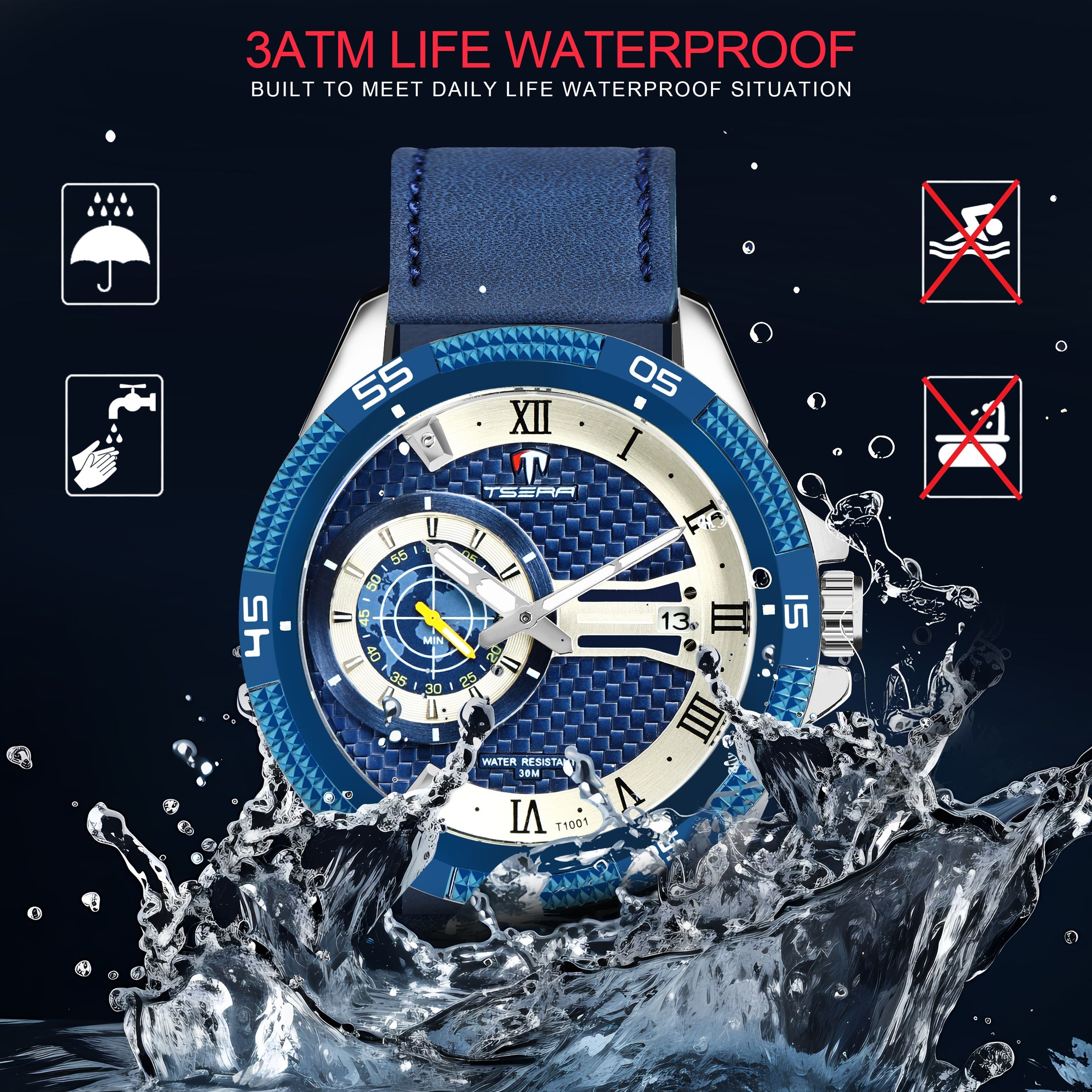 TSERA T1001L-S-BL-BL Multifunction 3ATM Water Resistant Analog Watch - For Men