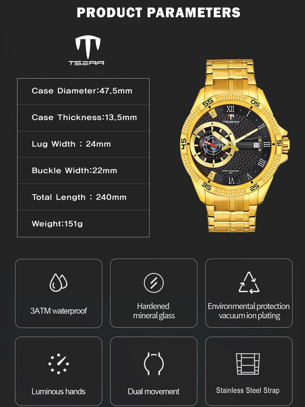 TSERA T1001S-G-B-G Multifunction 3ATM Water Resistant Analog Watch - For Men