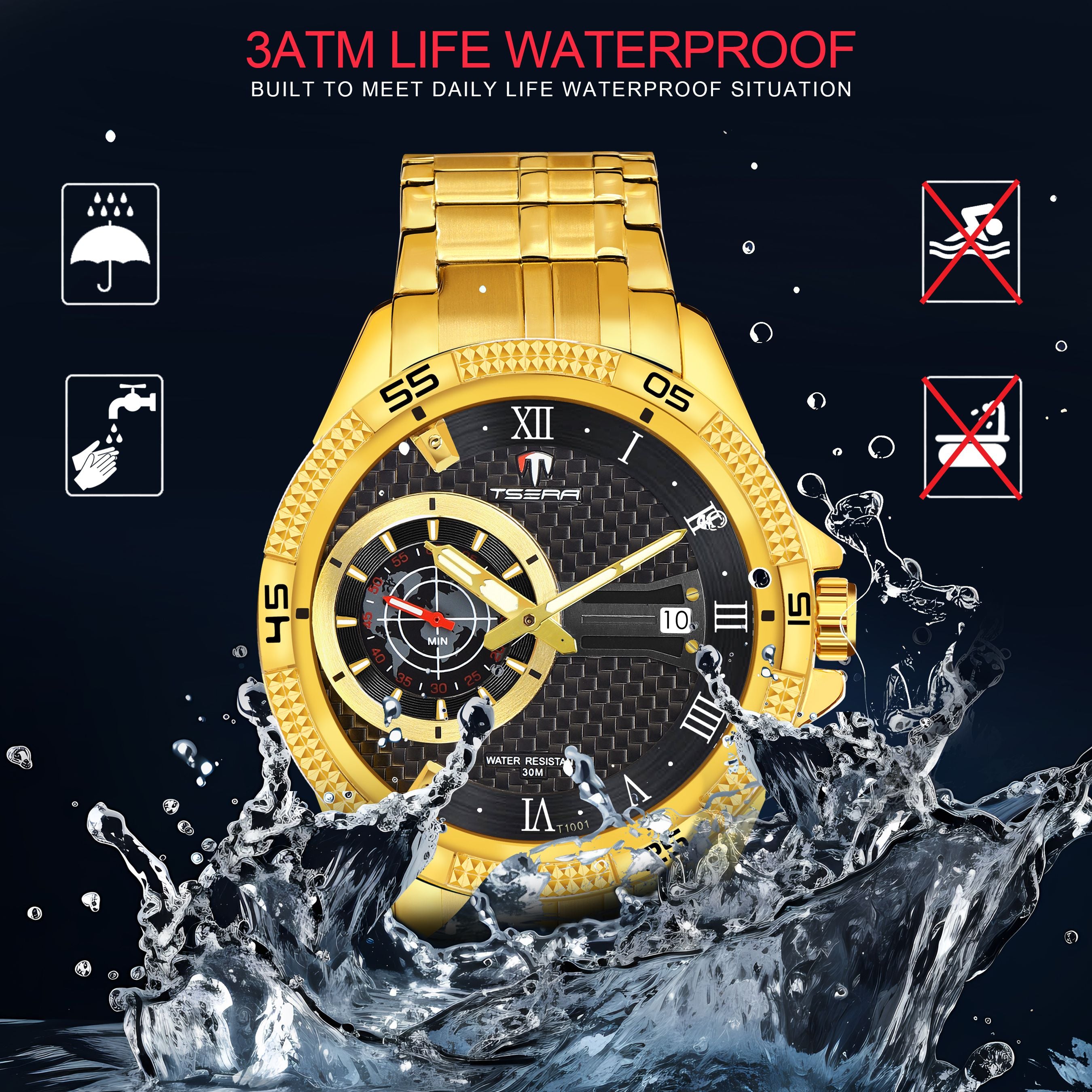 TSERA T1001S-G-B-G Multifunction 3ATM Water Resistant Analog Watch - For Men