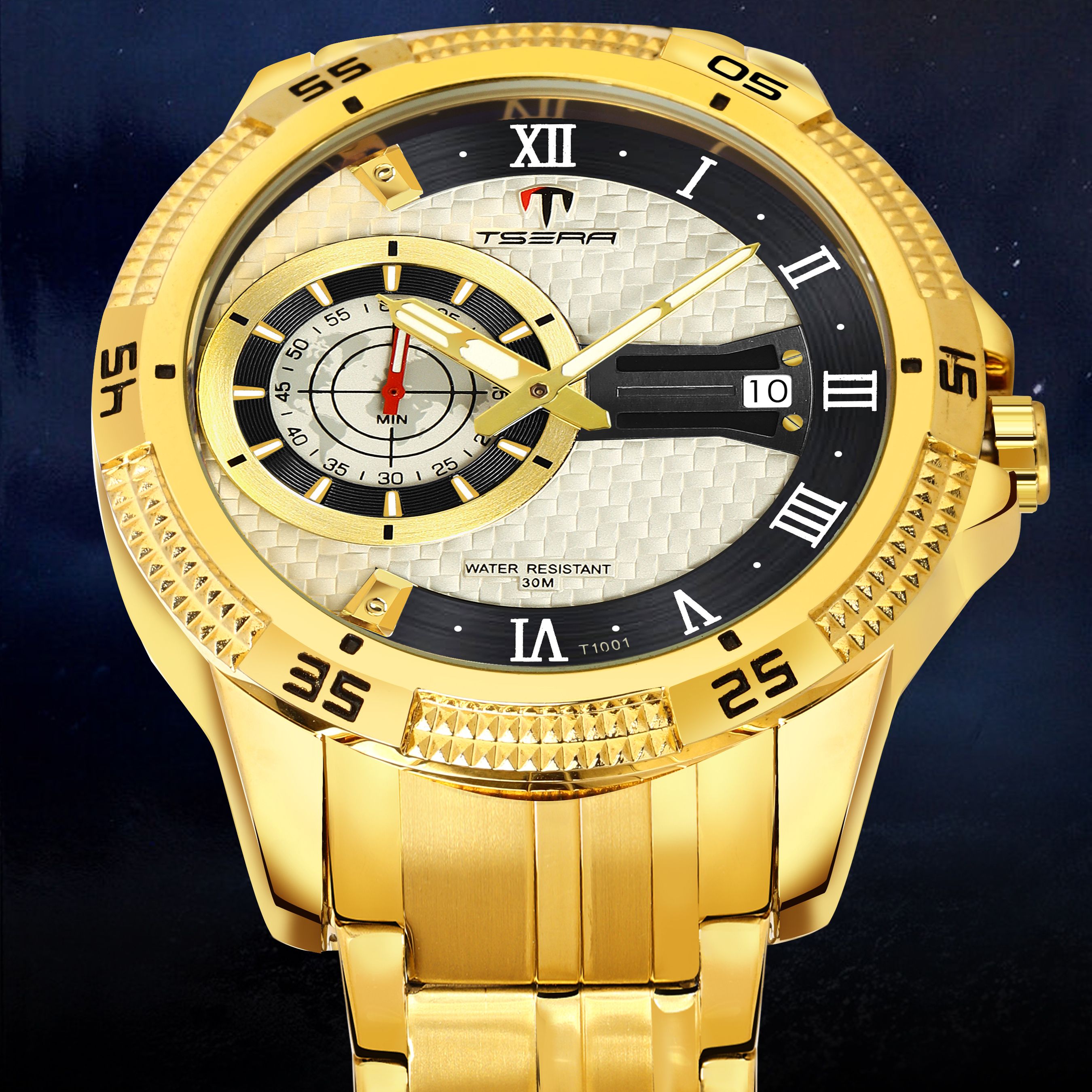 TSERA T1001S-G-S-G Multifunction 3ATM Water Resistant Analog Watch - For Men