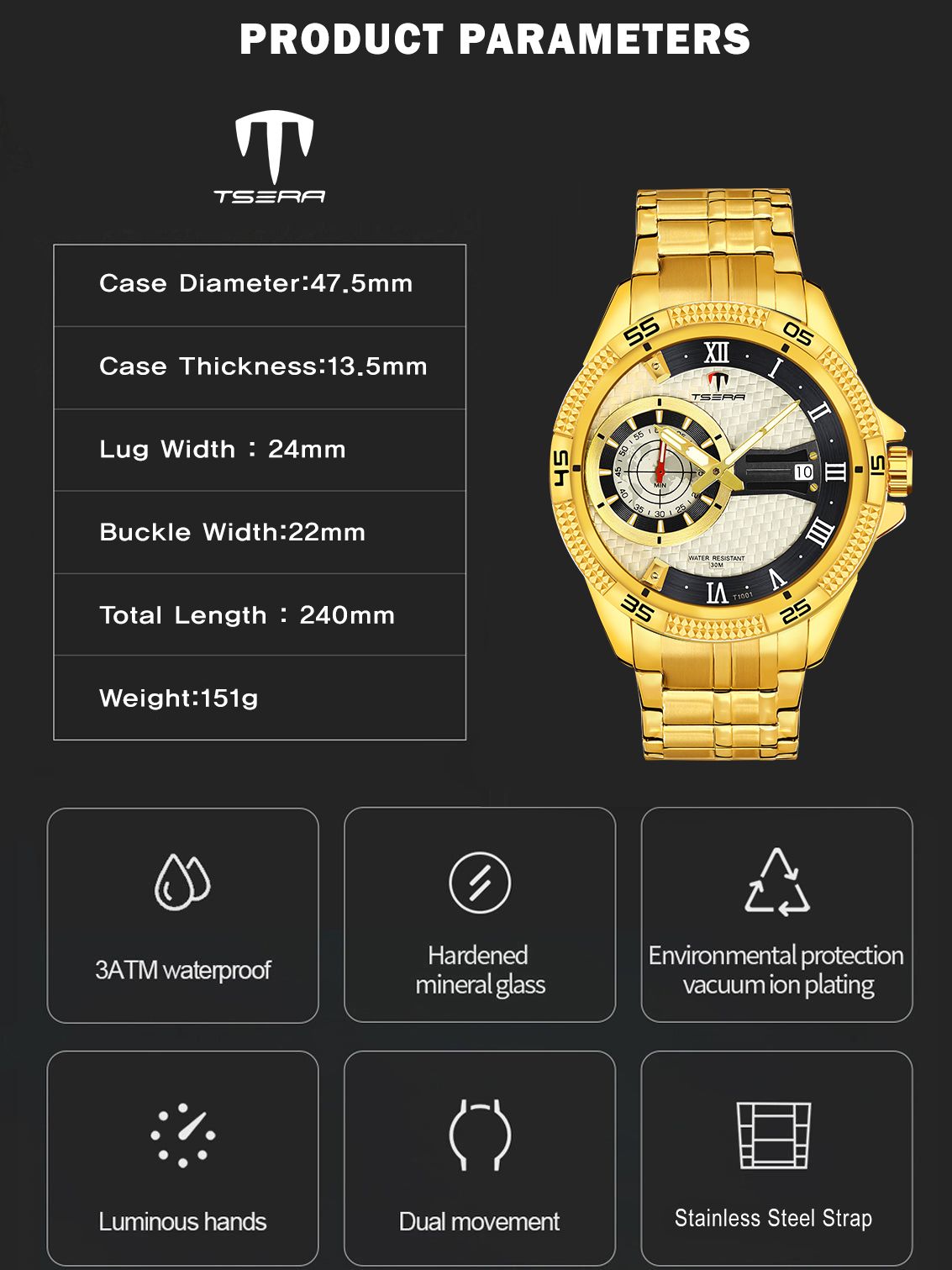 TSERA T1001S-G-S-G Multifunction 3ATM Water Resistant Analog Watch - For Men