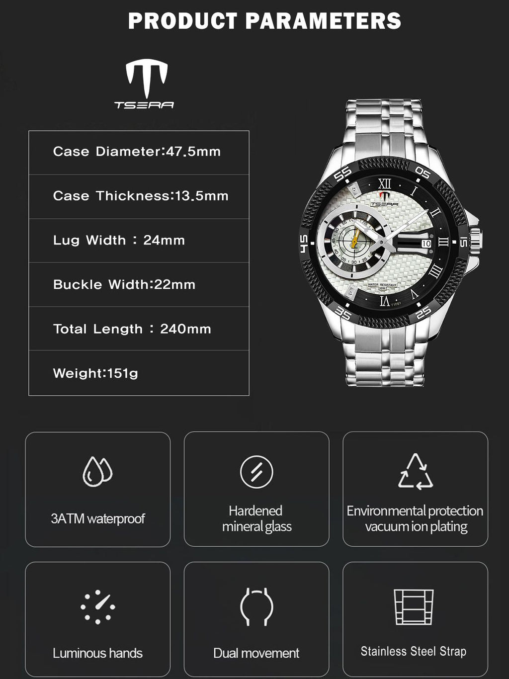 TSERA T1001S-S-S-S Multifunction 3ATM Water Resistant Analog Watch - For Men