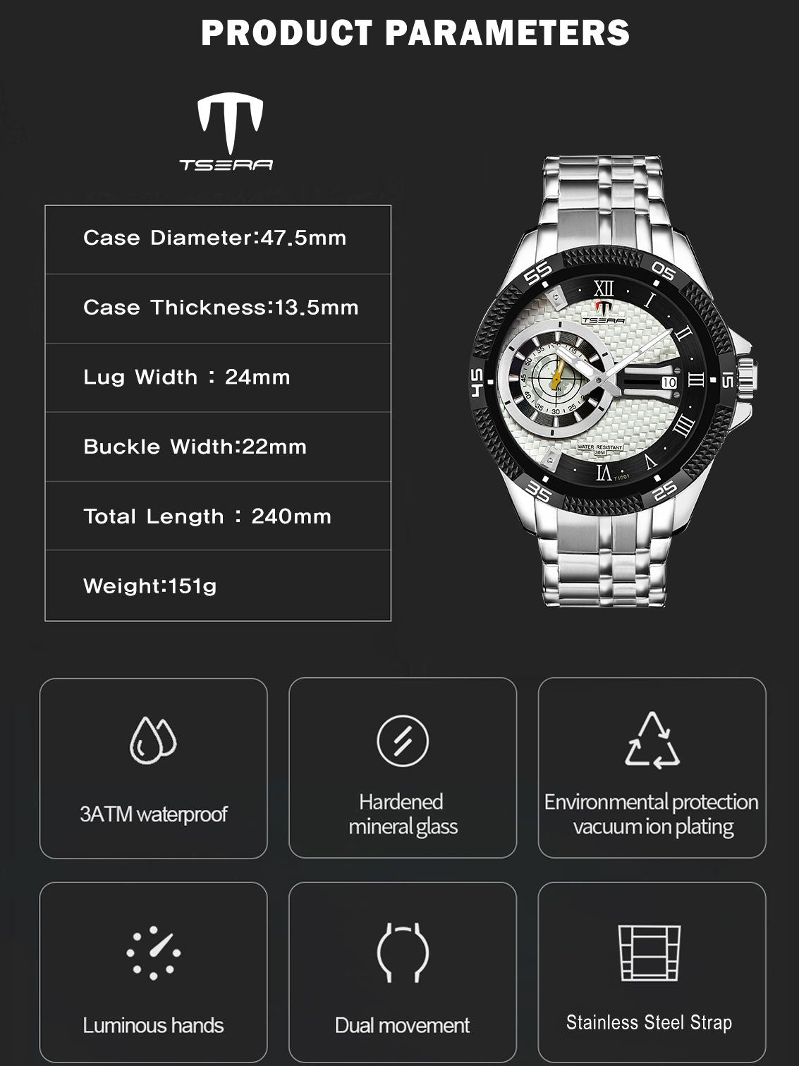 TSERA T1001S-S-S-S Multifunction 3ATM Water Resistant Analog Watch - For Men
