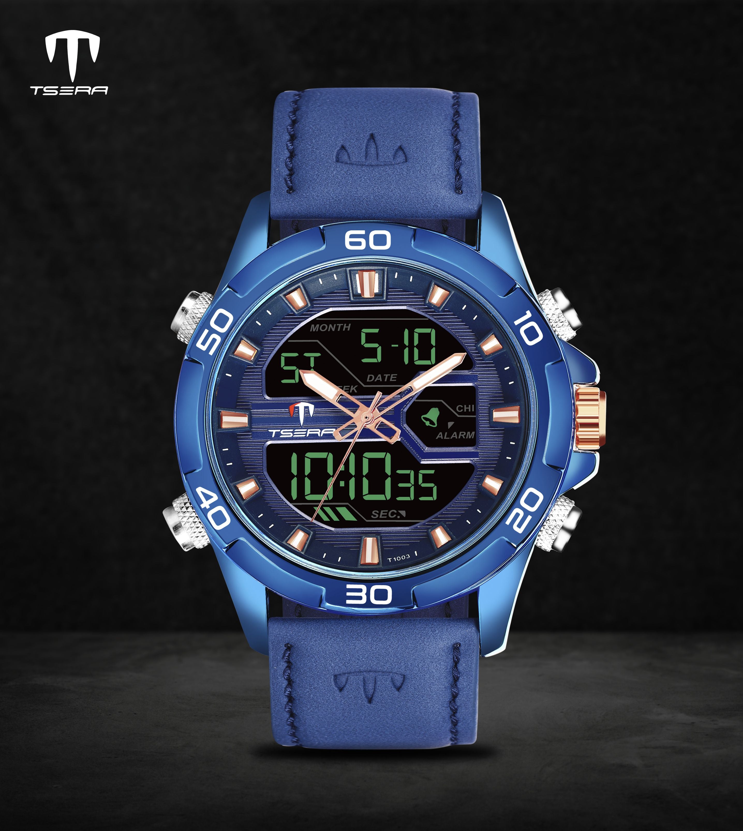 TSERA T1003L-BL-BL-BL Multifunction 3ATM Water Resistant Analog-Digital Watch - For Men
