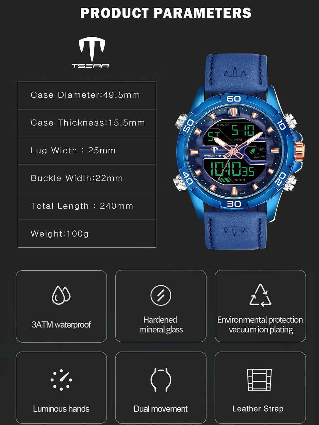 TSERA T1003L-BL-BL-BL Multifunction 3ATM Water Resistant Analog-Digital Watch - For Men