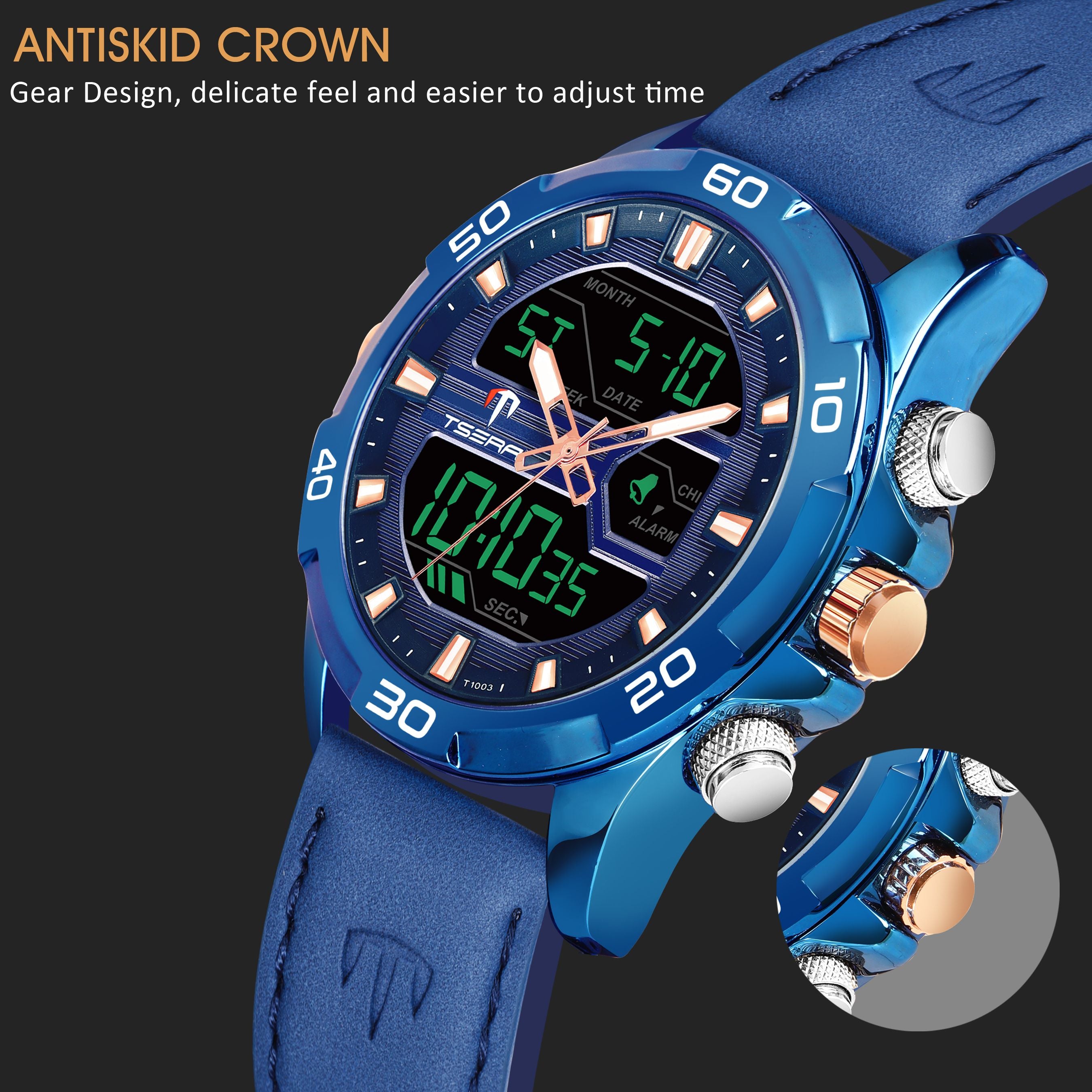 TSERA T1003L-BL-BL-BL Multifunction 3ATM Water Resistant Analog-Digital Watch - For Men