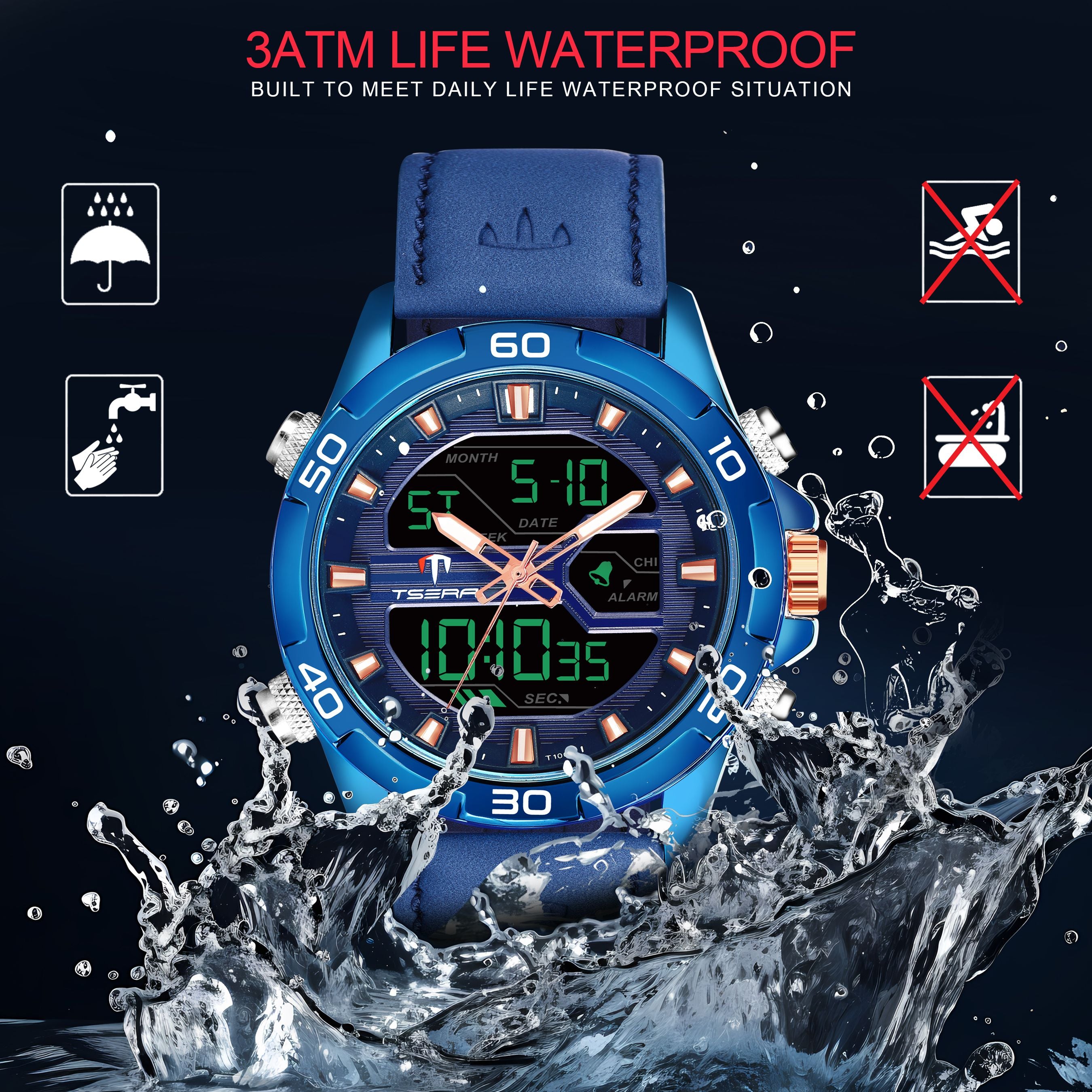 TSERA T1003L-BL-BL-BL Multifunction 3ATM Water Resistant Analog-Digital Watch - For Men