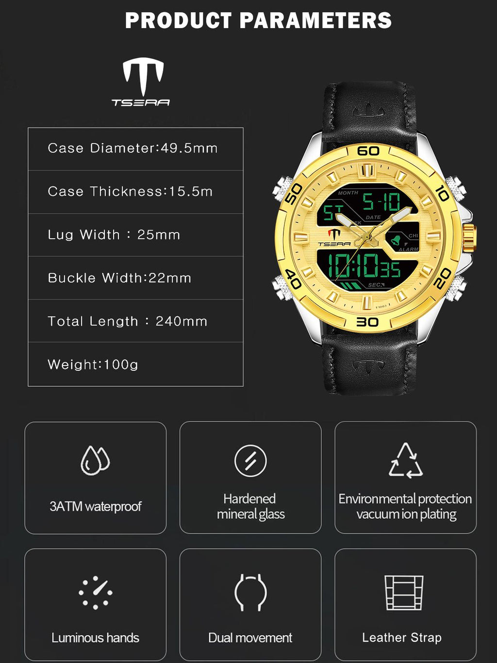 TSERA T1003L-G-S-B Multifunction 3ATM Water Resistant Analog-Digital Watch - For Men