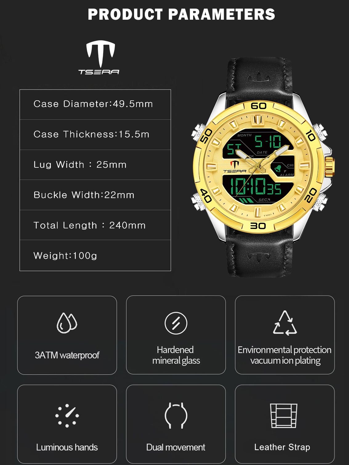 TSERA T1003L-G-S-B Multifunction 3ATM Water Resistant Analog-Digital Watch - For Men