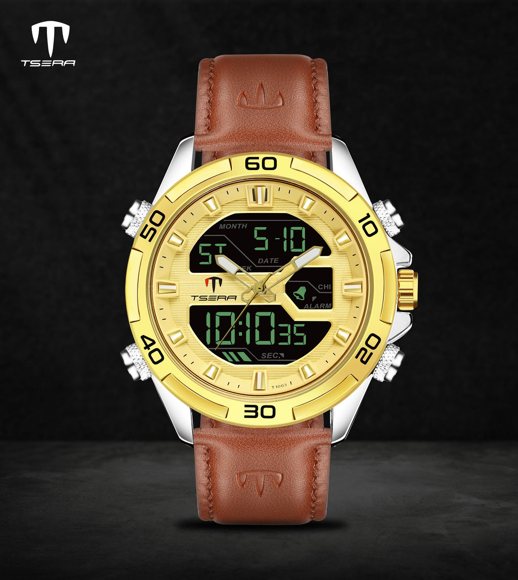 TSERA T1003L-S-G-BRN Multifunction 3ATM Water Resistant Analog-Digital Watch - For Men