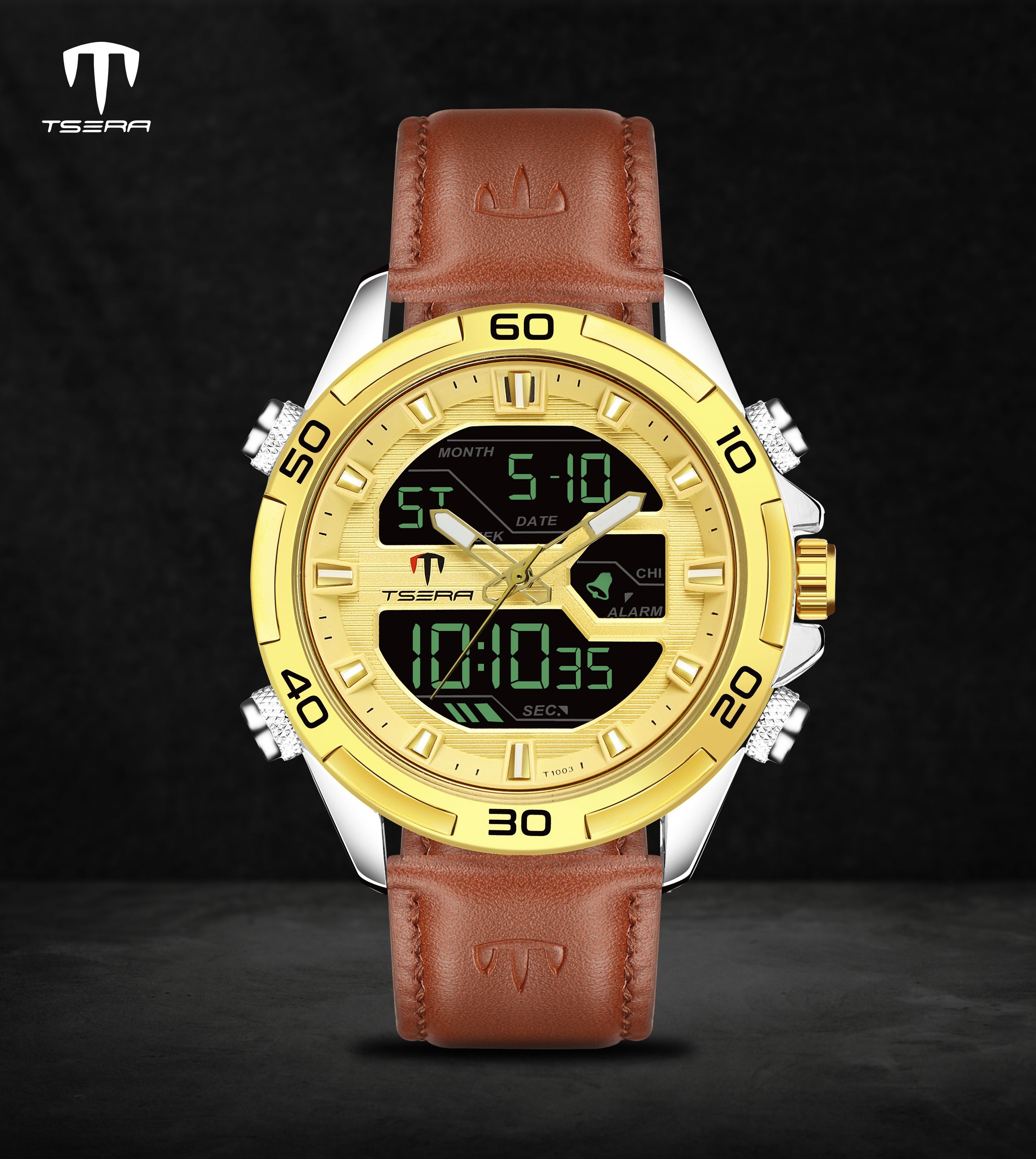 TSERA T1003L-S-G-BRN Multifunction 3ATM Water Resistant Analog-Digital Watch - For Men