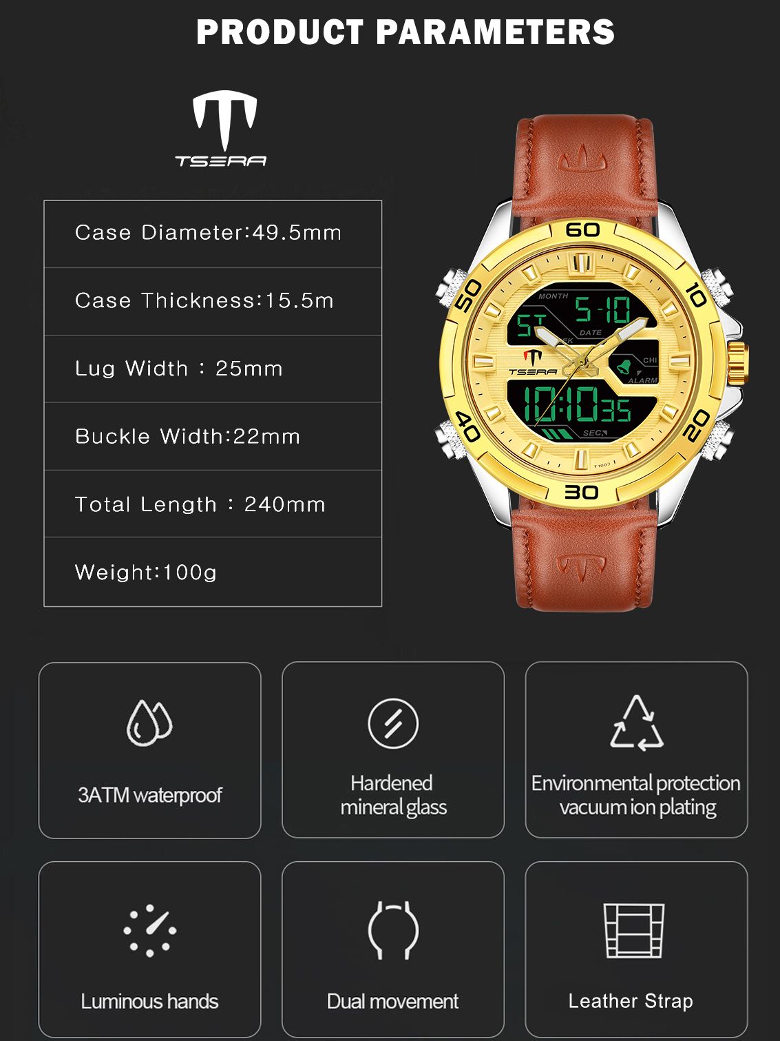 TSERA T1003L-S-G-BRN Multifunction 3ATM Water Resistant Analog-Digital Watch - For Men