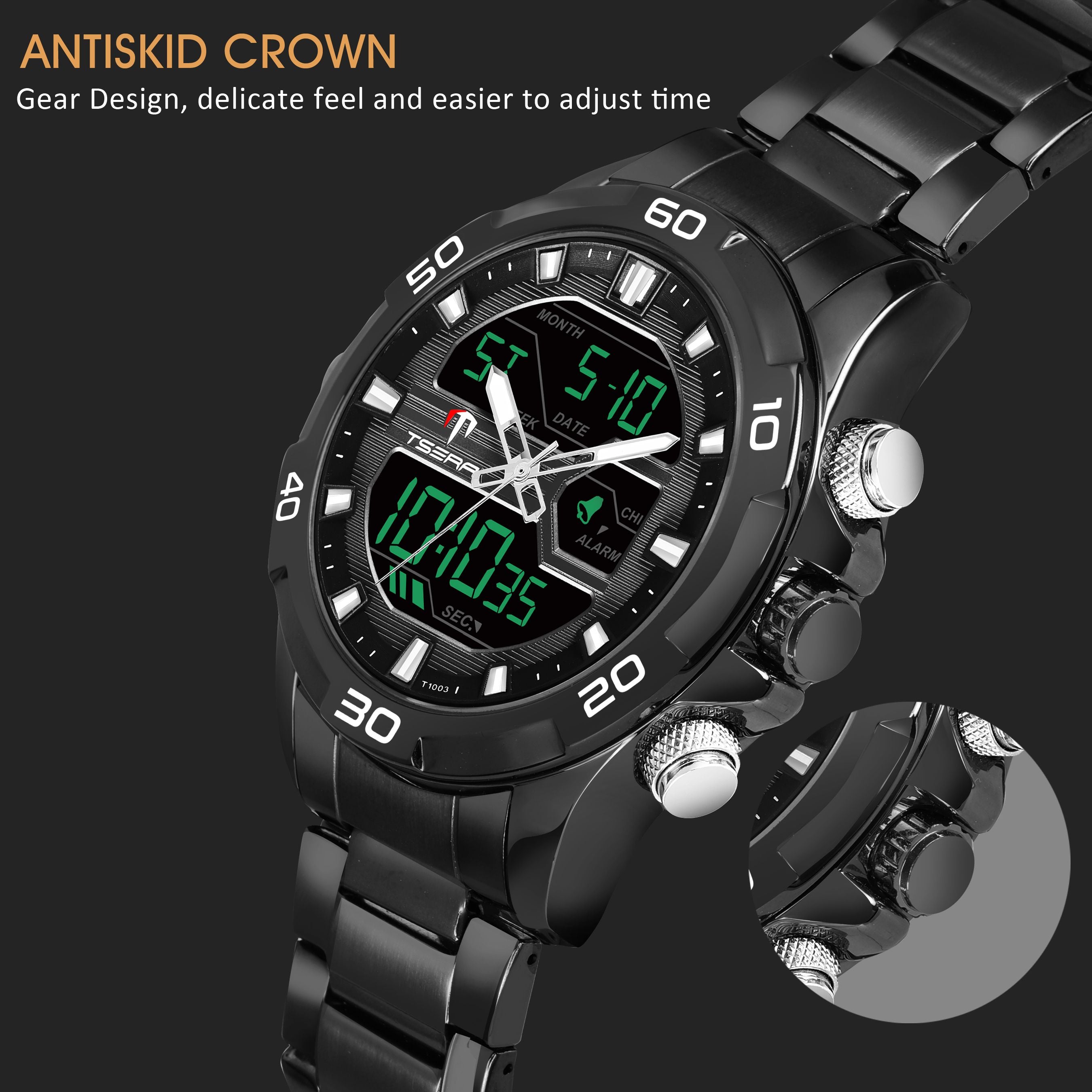 TSERA T1003S-B-B-B Multifunction 3ATM Water Resistant Analog-Digital Watch - For Men