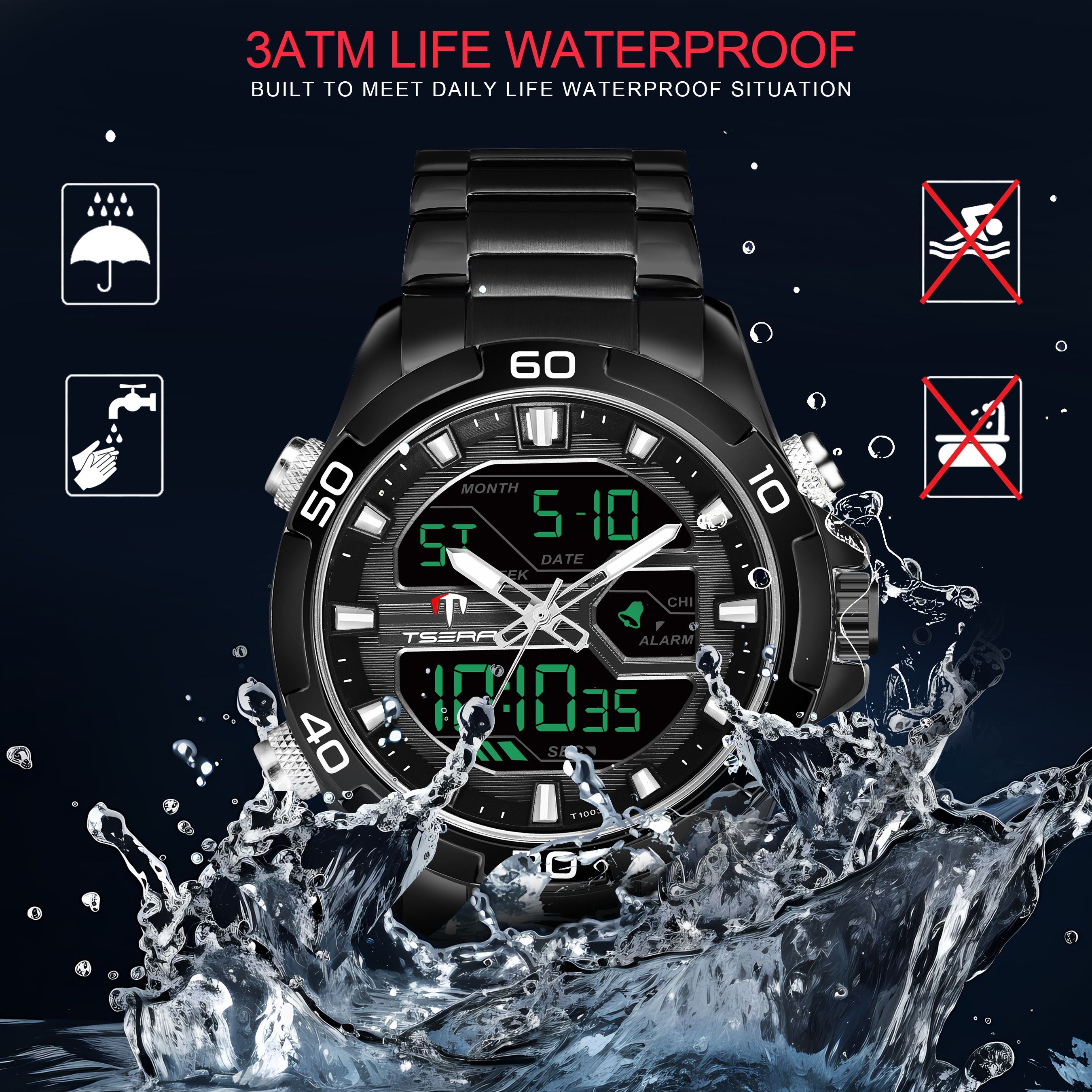 TSERA T1003S-B-B-B Multifunction 3ATM Water Resistant Analog-Digital Watch - For Men