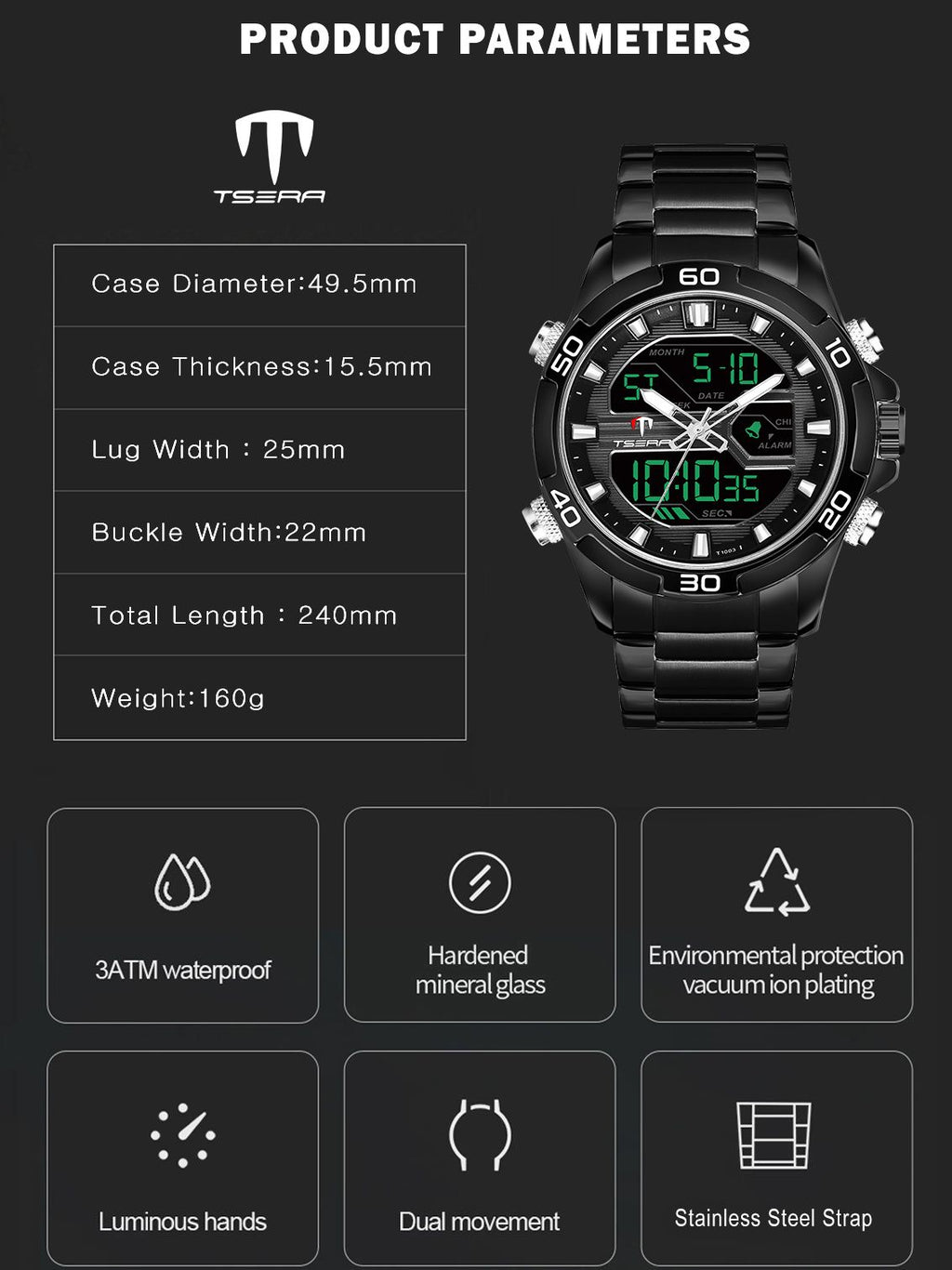 TSERA T1003S-B-B-B Multifunction 3ATM Water Resistant Analog-Digital Watch - For Men