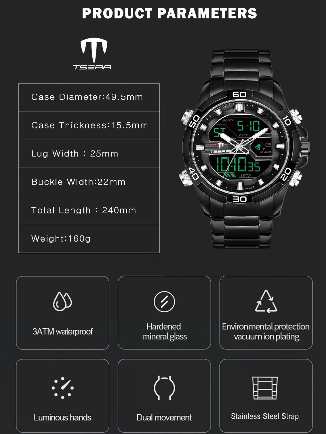 TSERA T1003S-B-B-B Multifunction 3ATM Water Resistant Analog-Digital Watch - For Men
