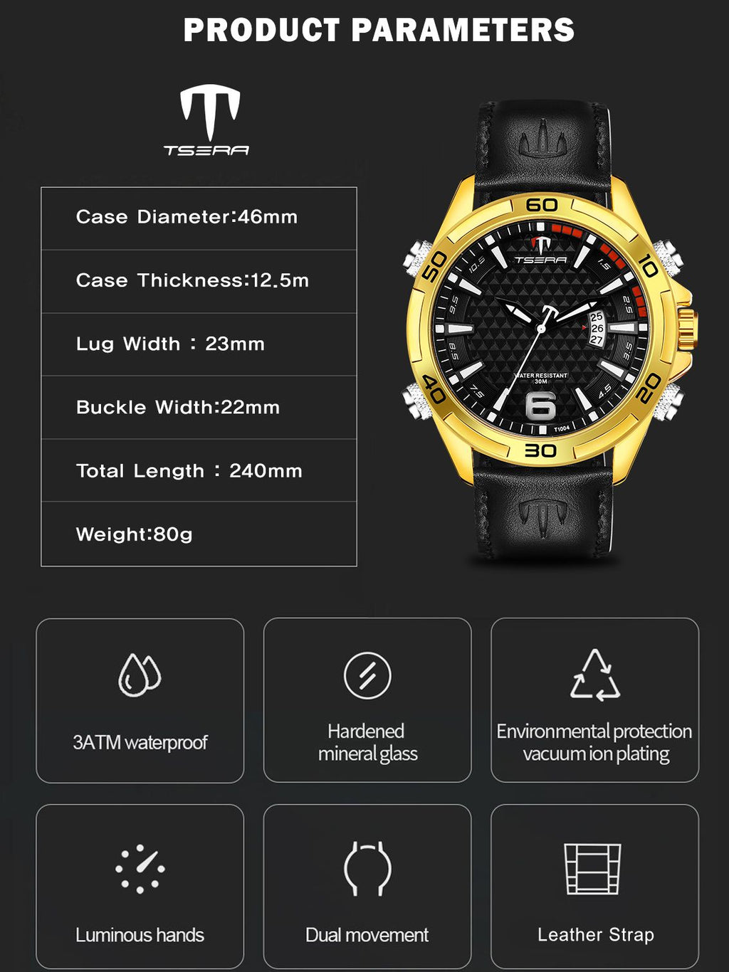 TSERA T1004L-G-B-B Multifunction 3ATM Water Resistant Analog Watch - For Men