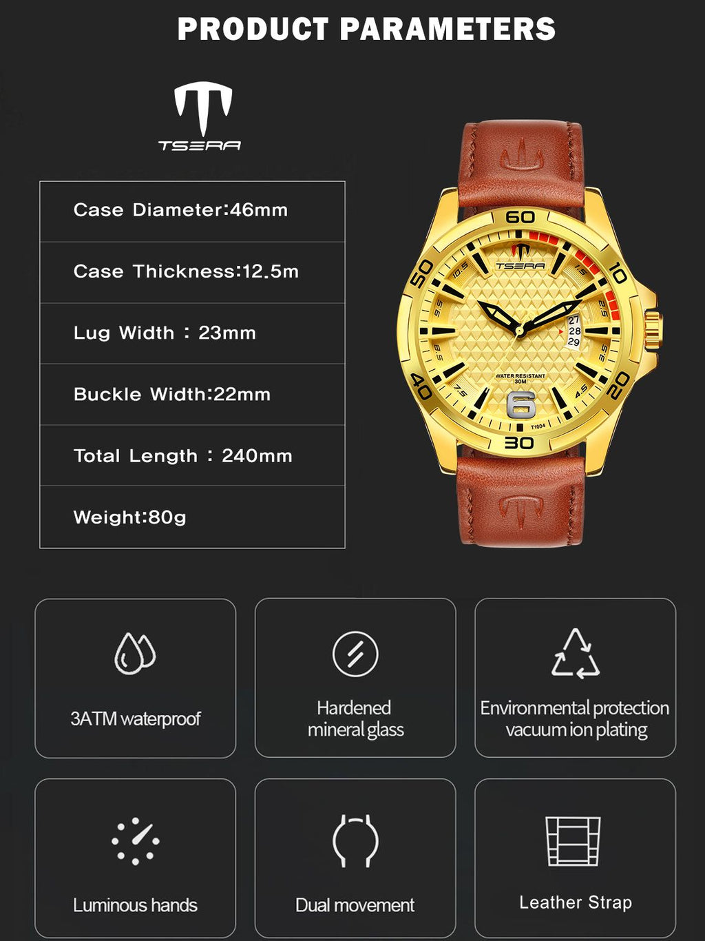 TSERA T1004L-G-G-BR Multifunction 3ATM Water Resistant Analog Watch - For Men