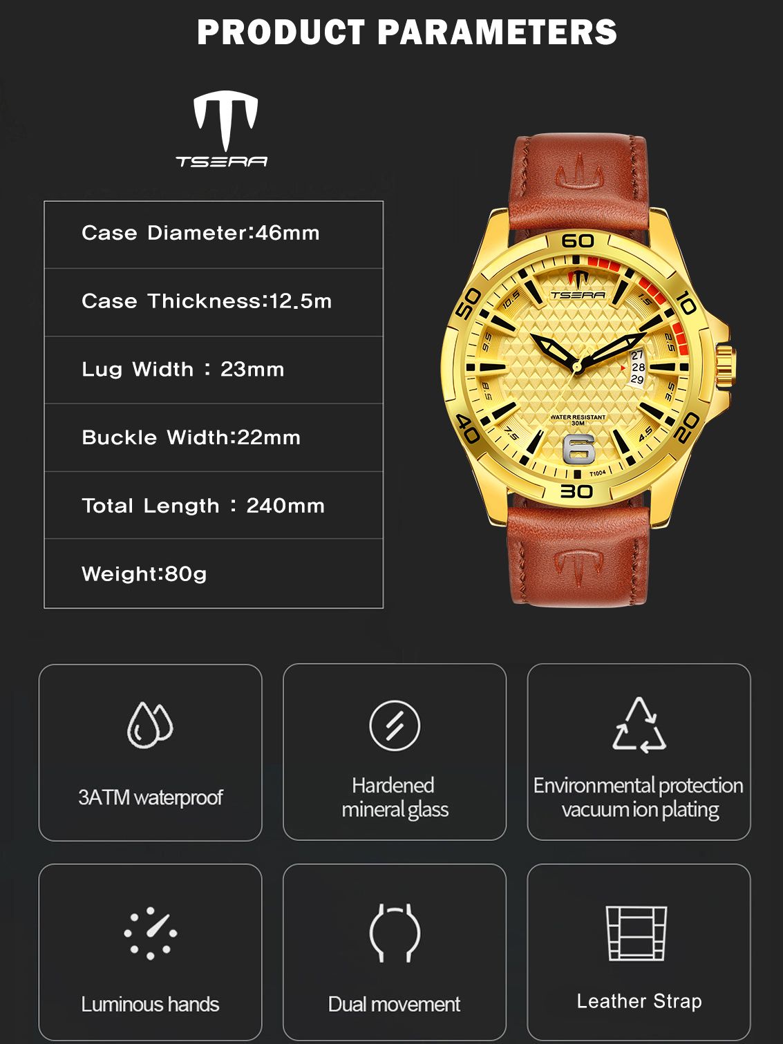 TSERA T1004L-G-G-BR Multifunction 3ATM Water Resistant Analog Watch - For Men