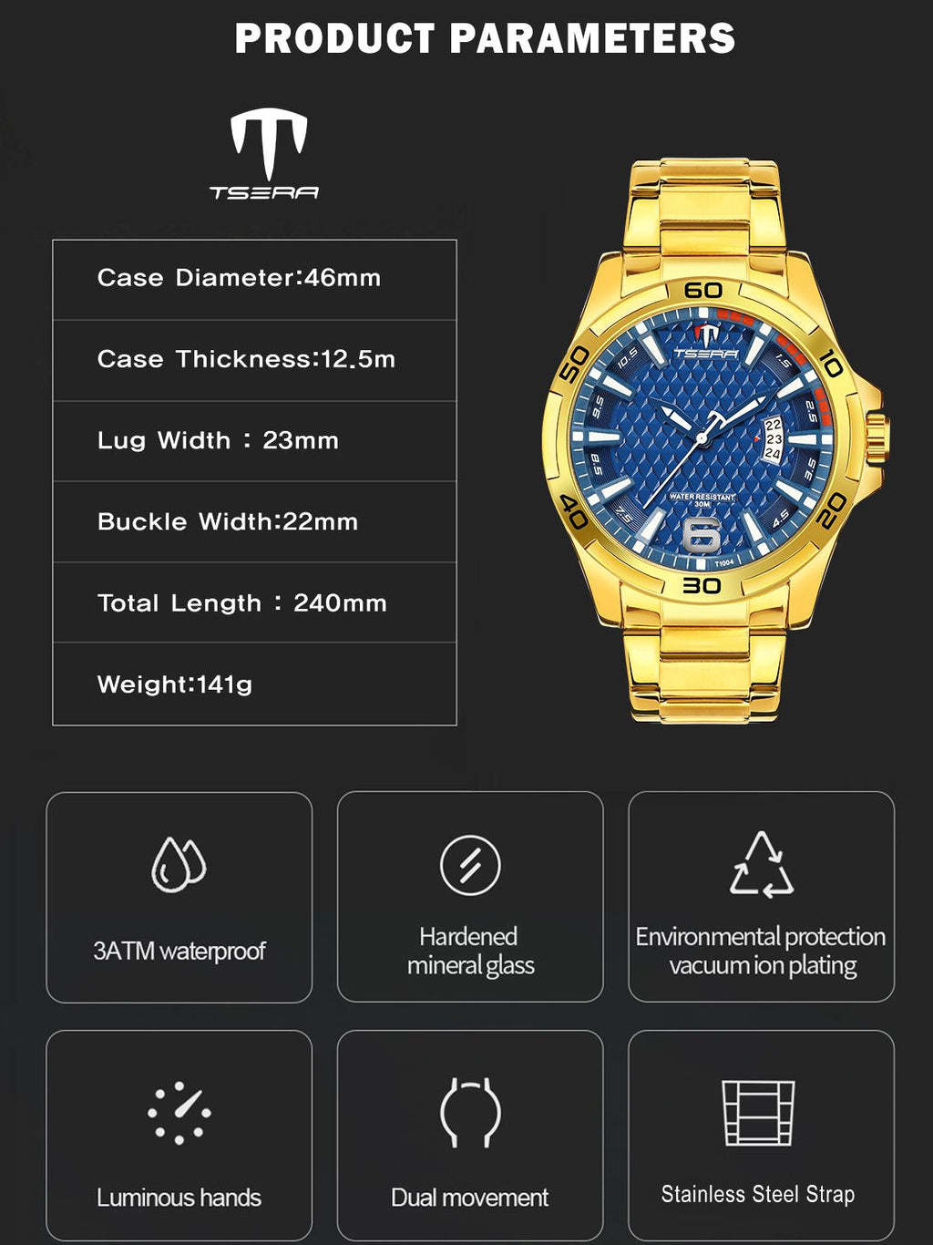 TSERA T1004S-G-BL-G Multifunction 3ATM Water Resistant Analog Watch - For Men