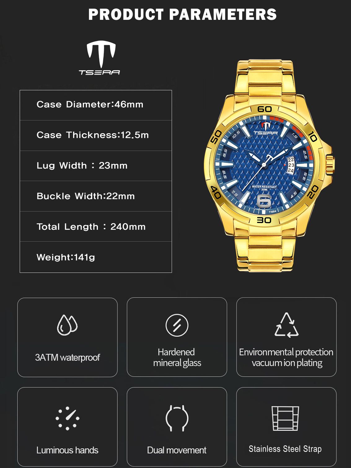 TSERA T1004S-G-BL-G Multifunction 3ATM Water Resistant Analog Watch - For Men