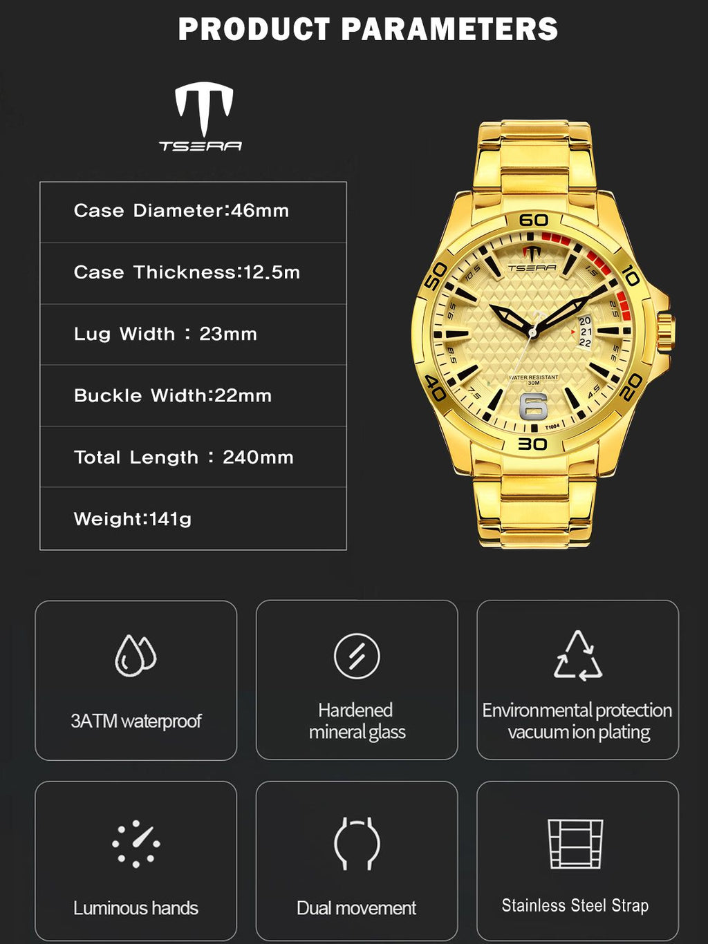 TSERA T1004S-G-G-G Multifunction 3ATM Water Resistant Analog Watch - For Men