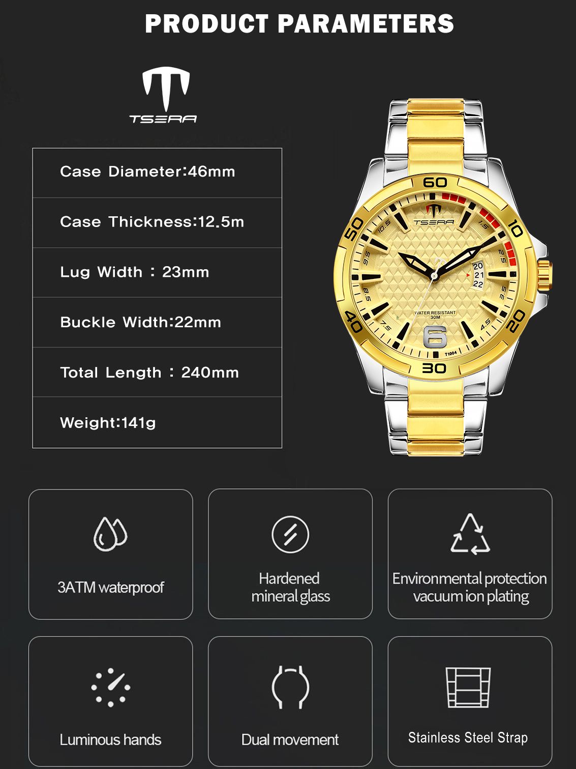 TSERA T1004S-S-G-G Multifunction 3ATM Water Resistant Analog Watch - For Men