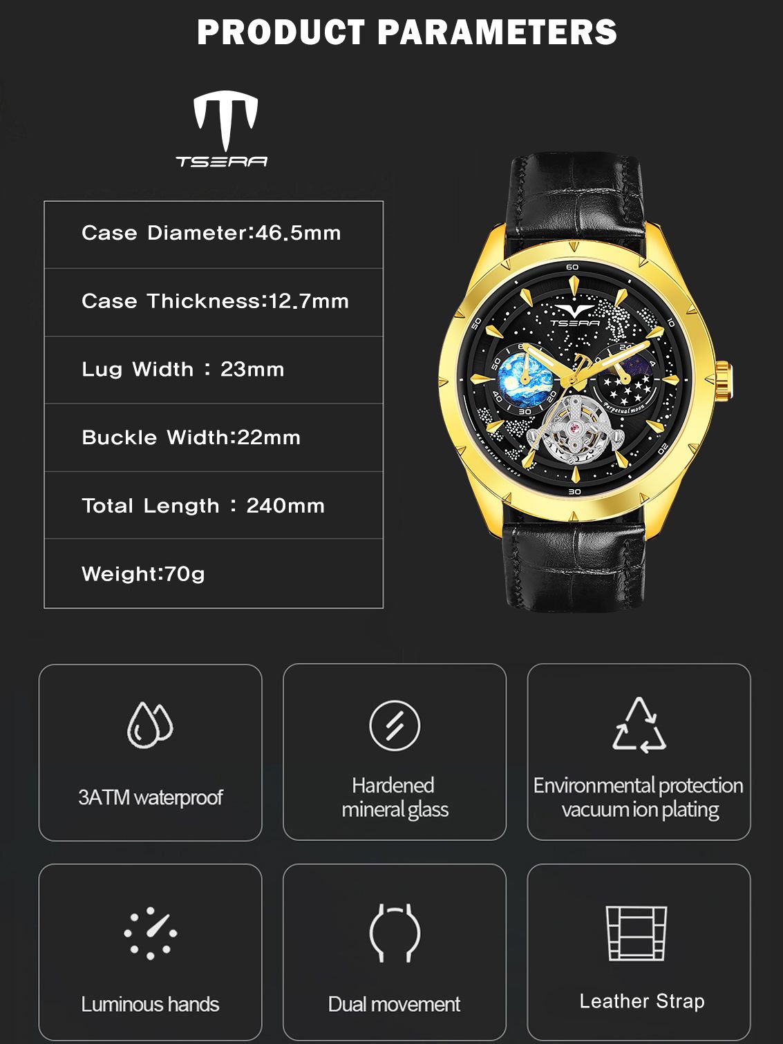 TSERA T1009L-G-B-B Multifunction 3ATM Water Resistant Analog Watch - For Men