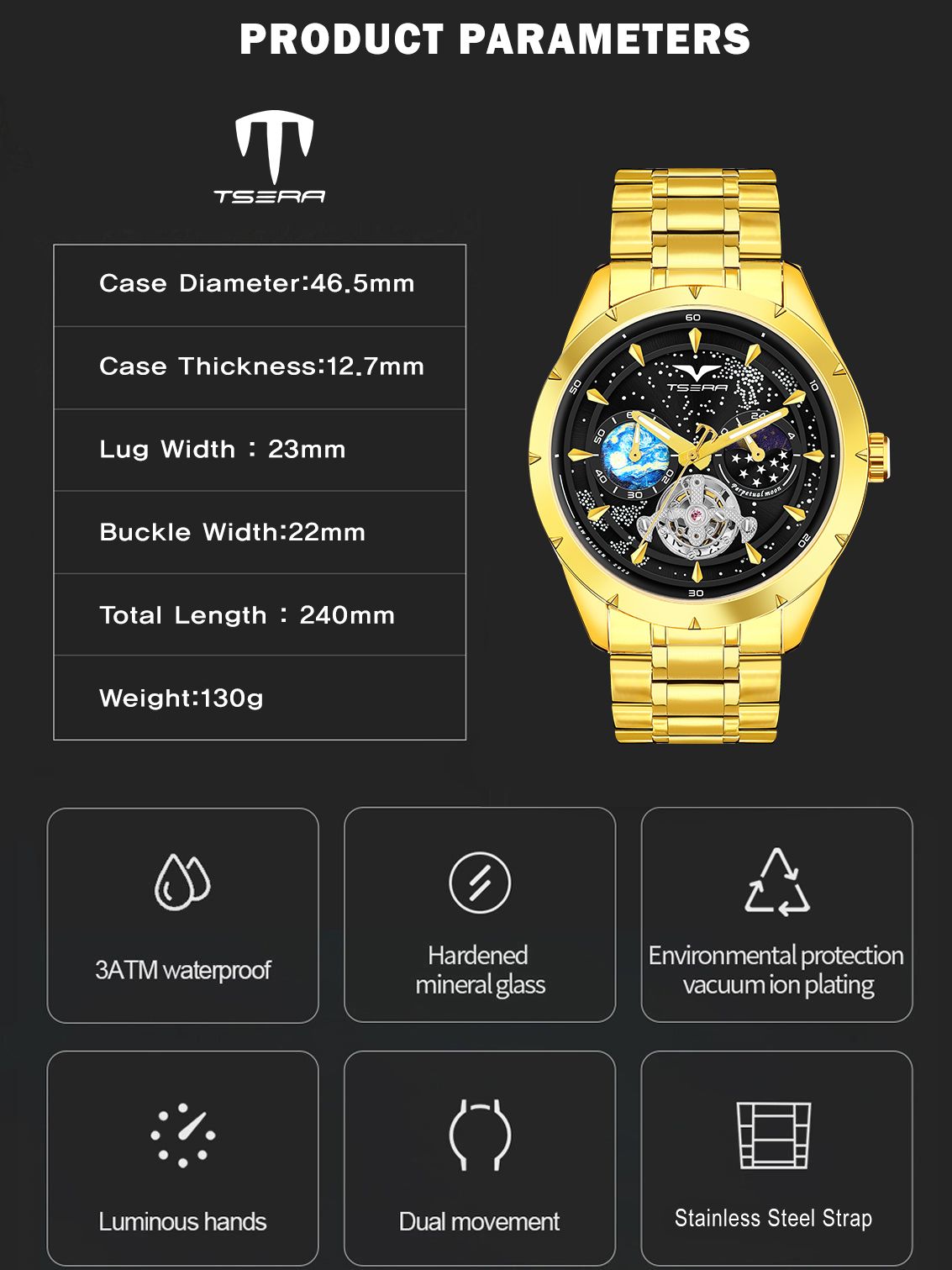 TSERA T1009S-G-B-G Multifunction 3ATM Water Resistant Analog Watch - For Men