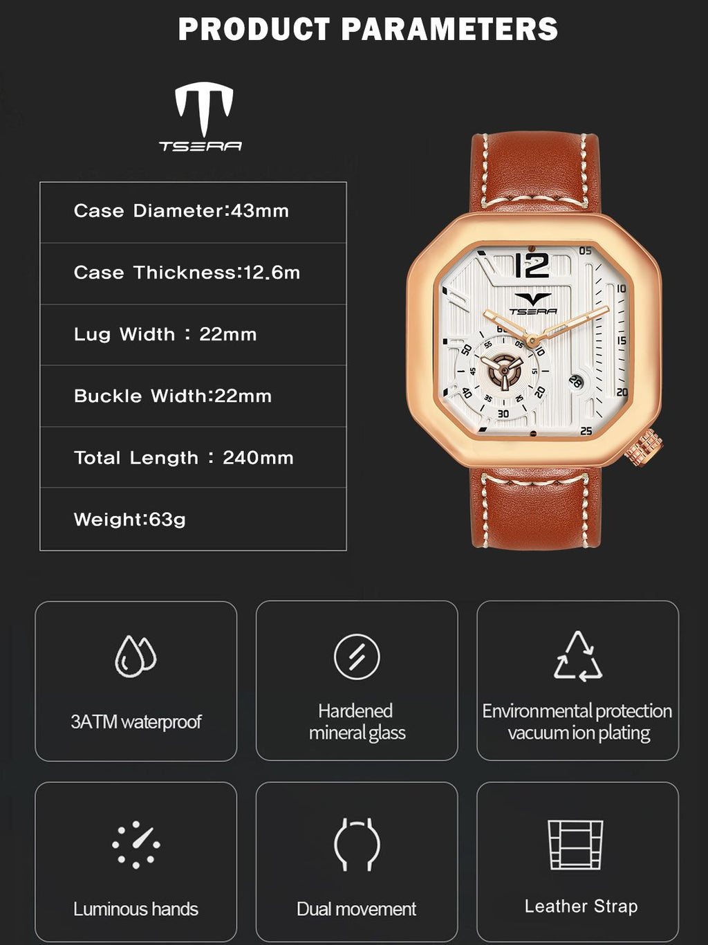 TSERA T1010L-RG-W-BR Multifunction 3ATM Water Resistant Analog Watch - For Men