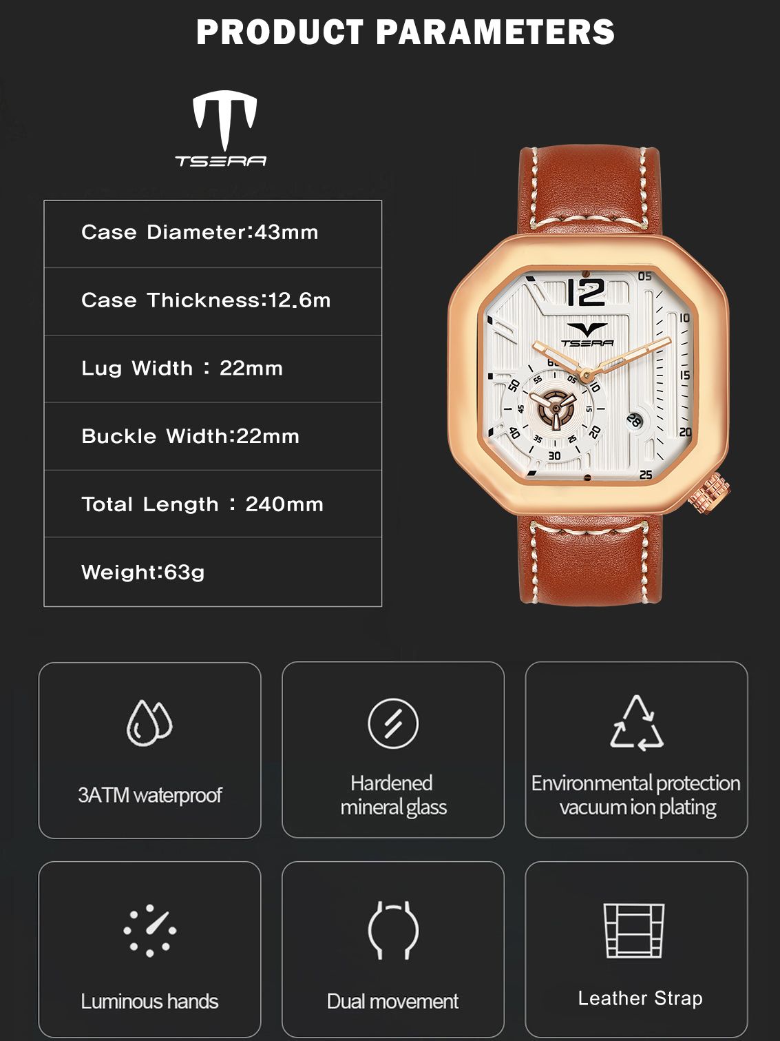 TSERA T1010L-RG-W-BR Multifunction 3ATM Water Resistant Analog Watch - For Men