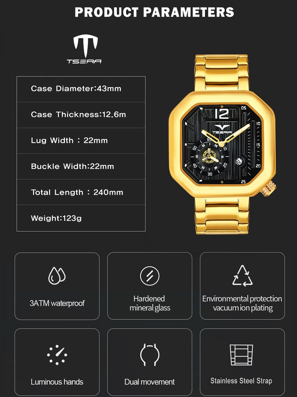 TSERA T1010S-G-B-G Multifunction 3ATM Water Resistant Analog Watch - For Men