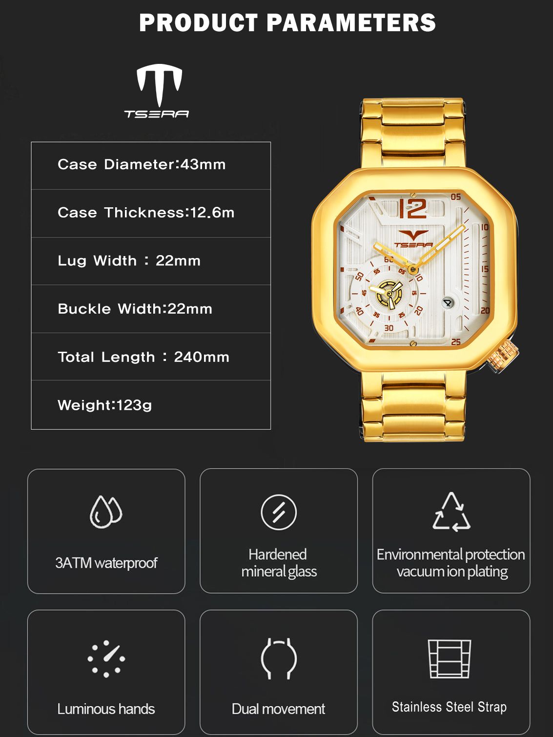 TSERA T1010S-G-W-G Multifunction 3ATM Water Resistant Analog Watch - For Men