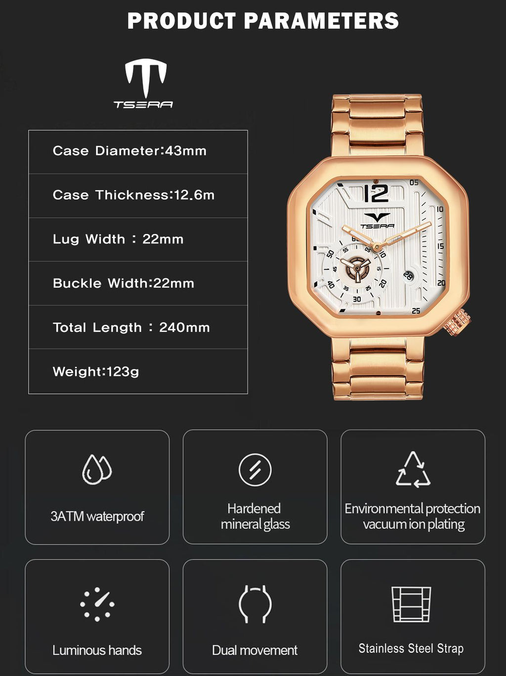TSERA T1010S-RG-W-RG Multifunction 3ATM Water Resistant Analog Watch - For Men