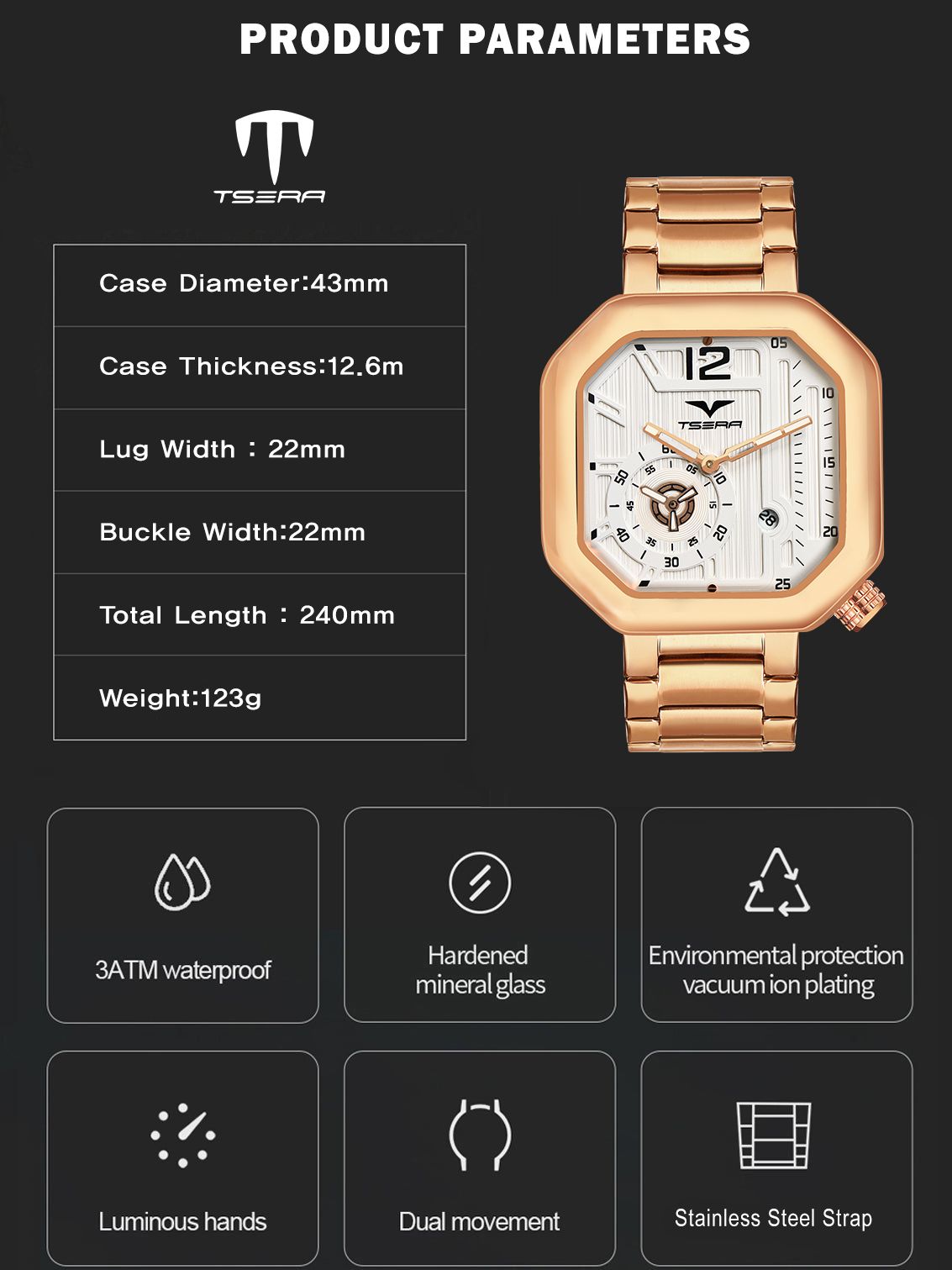 TSERA T1010S-RG-W-RG Multifunction 3ATM Water Resistant Analog Watch - For Men