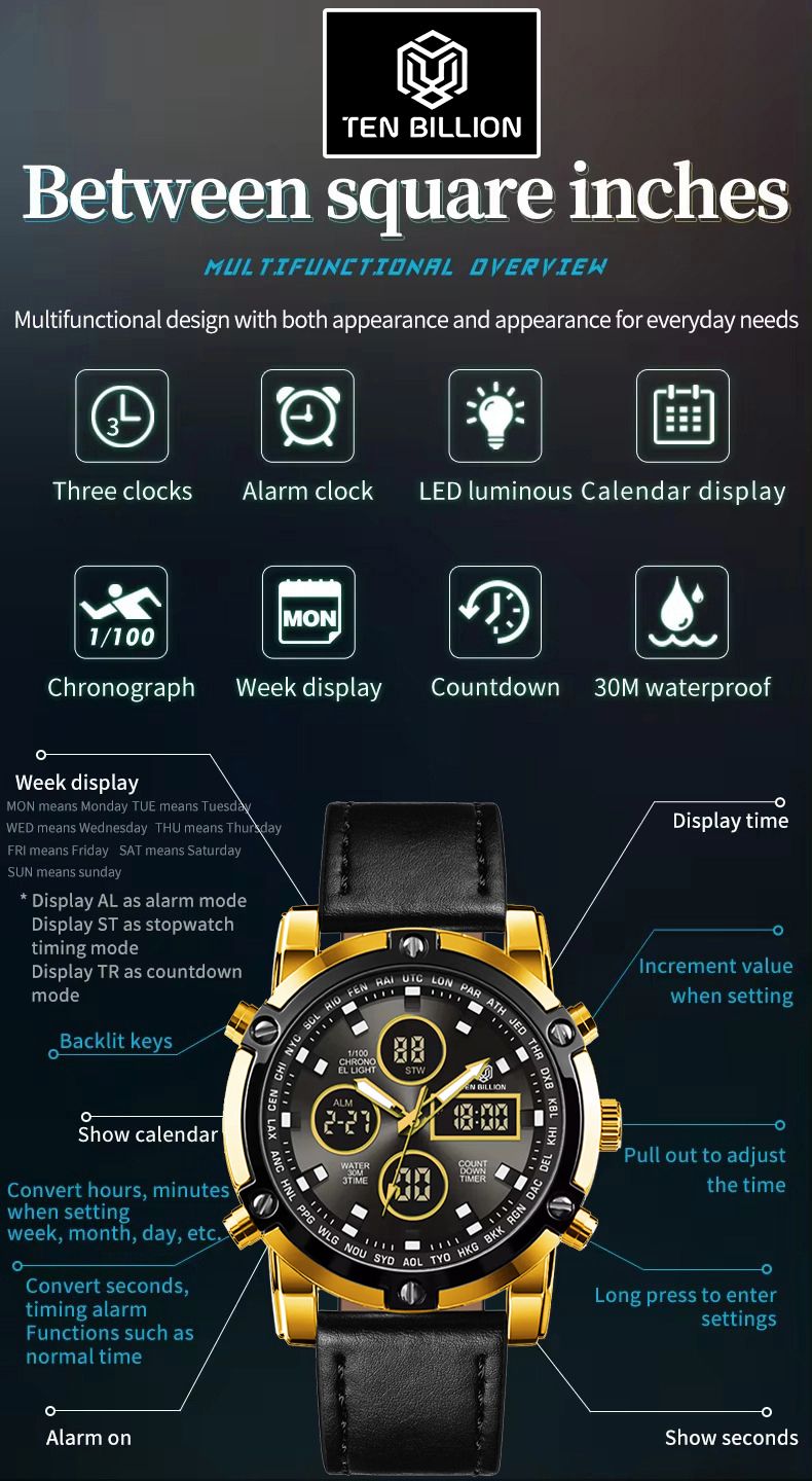 TSERA TB017 Steel strap with Black Dial 3ATM waterproof Multifunction case Analog-Digital Watch - For Men