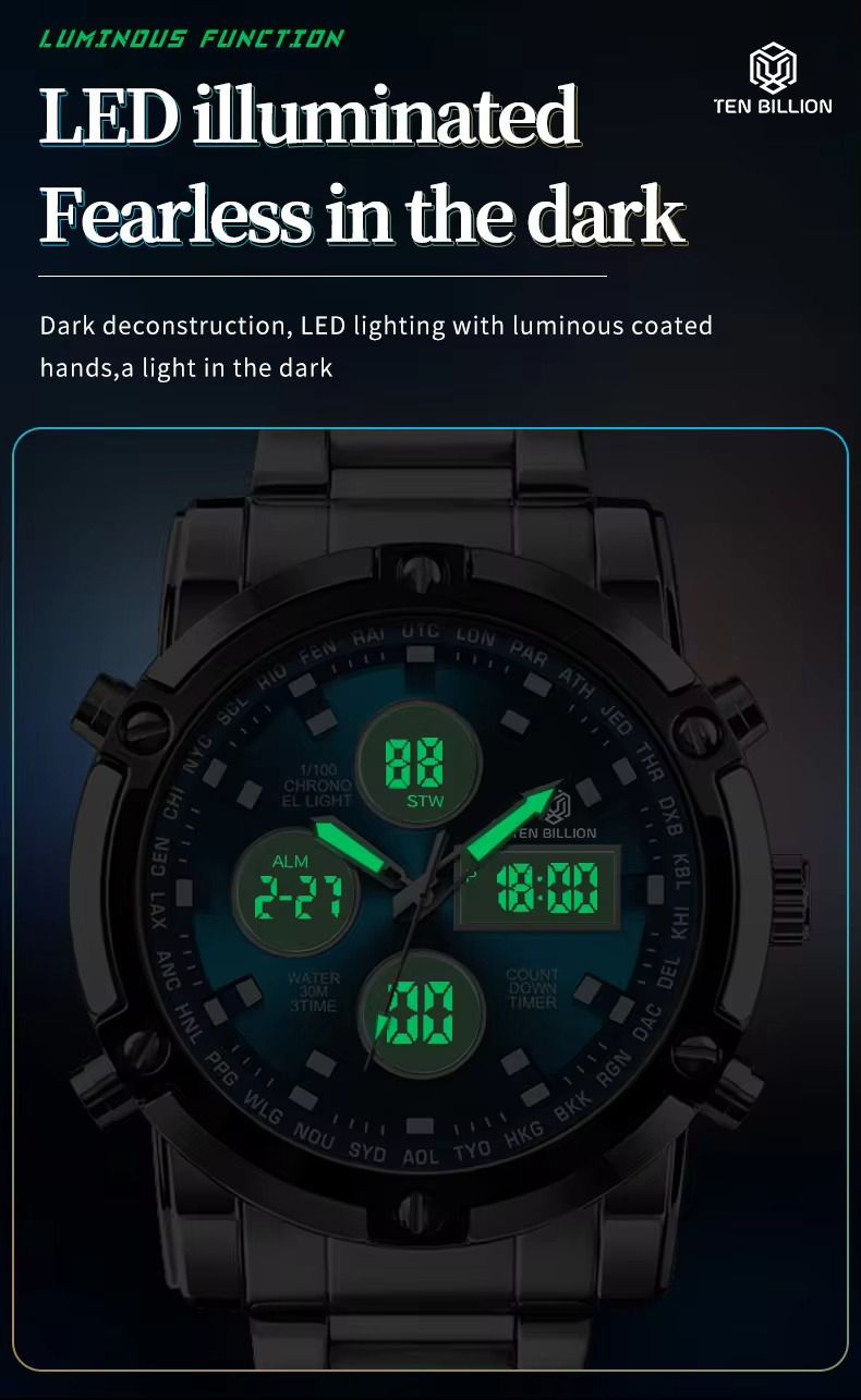 TSERA TB017 Steel strap with Black Dial 3ATM waterproof Multifunction case Analog-Digital Watch - For Men