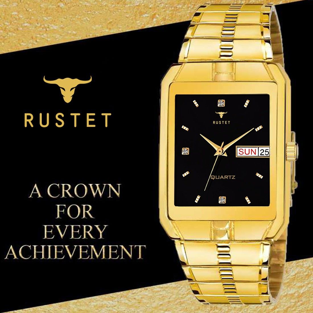 RUSTET IGP-DIAMOND-BLK Waterproof Gold Square Dial Day and Date Boy's & Men's Analog Watch - For Men