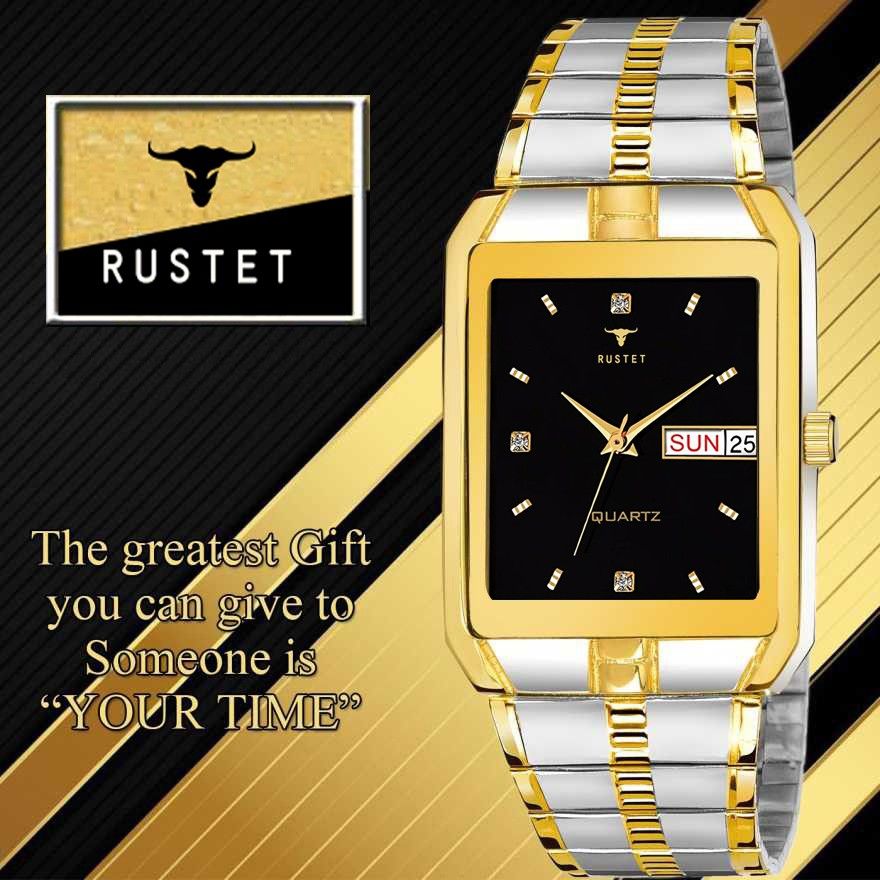 RUSTET IGP-TT-BLK Waterproof Gold Square Dial Day and Date Boy's & Men's Analog Watch - For Men