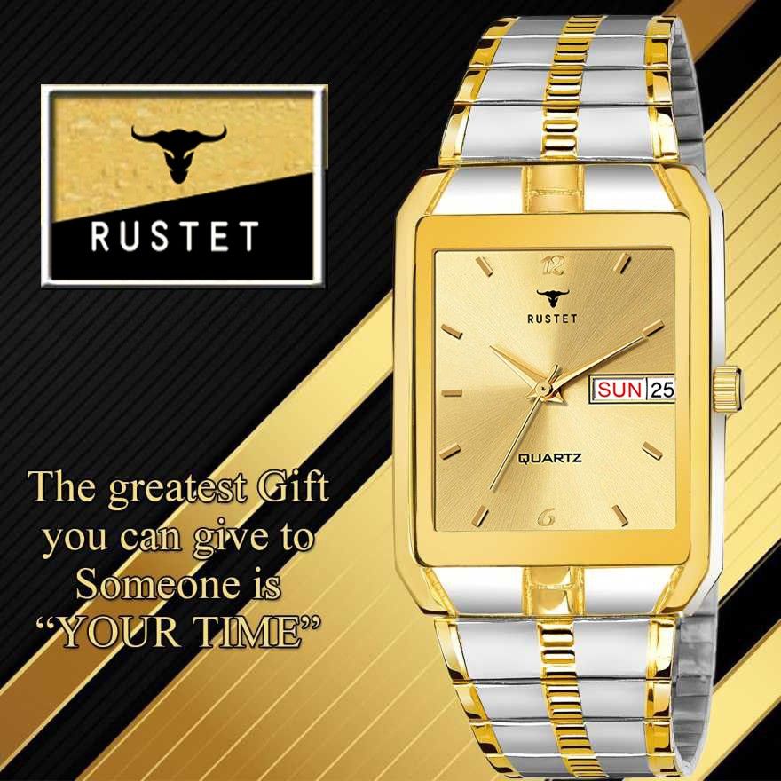 RUSTET IGP-TT-GOLD Waterproof Gold Square Dial Day and Date Boy's & Men Analog Watch - For Men