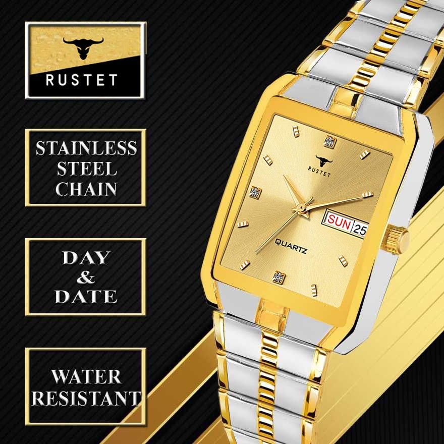 RUSTET IGP-TT-GOLD Waterproof Gold Square Dial Day and Date Boy's & Men's Analog Watch - For Men