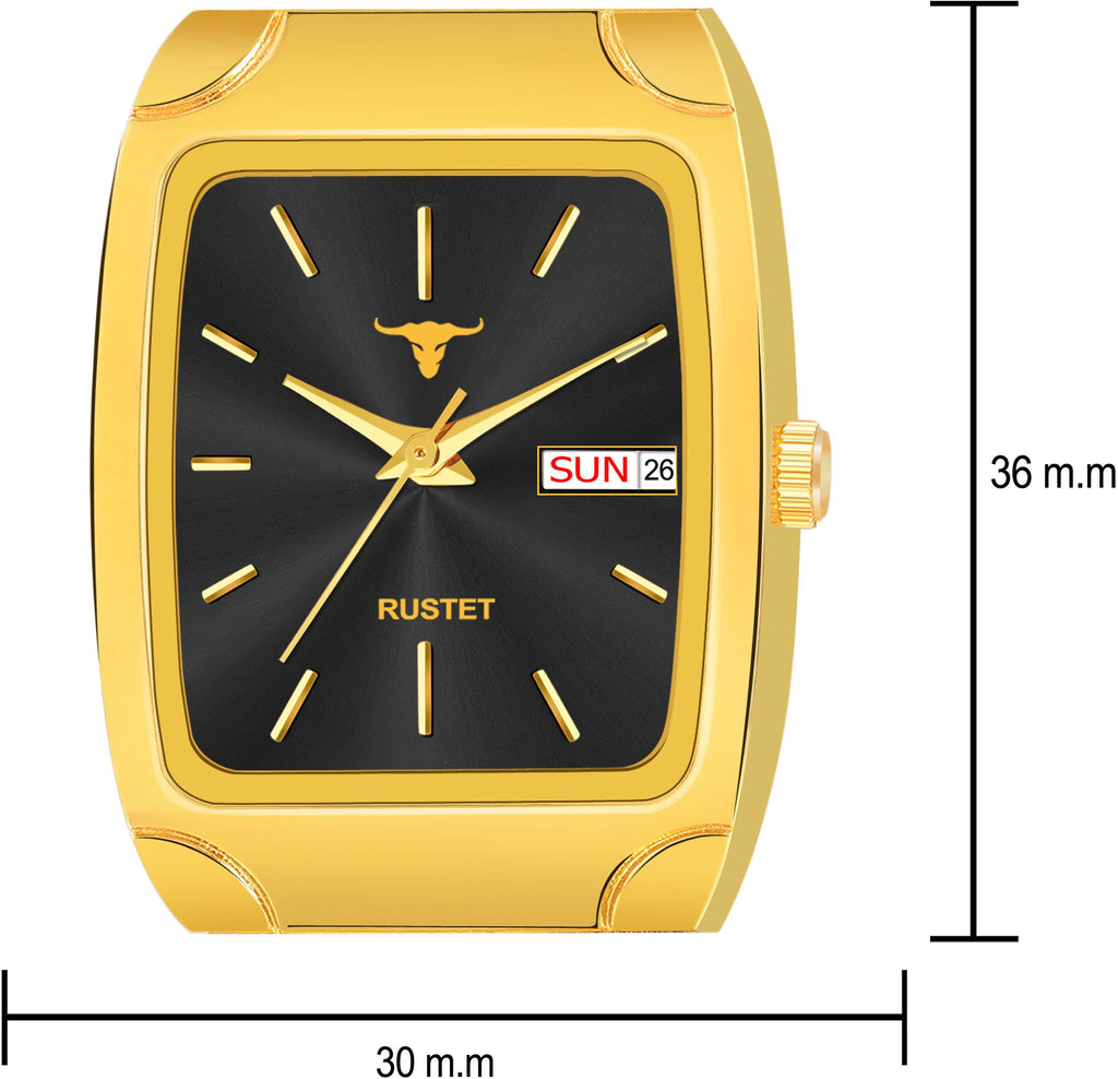 RUSTET IGP1107-BLACK Waterproof Gold Square Dial Day and Date Boy's & Men's Analog Watch - For Men